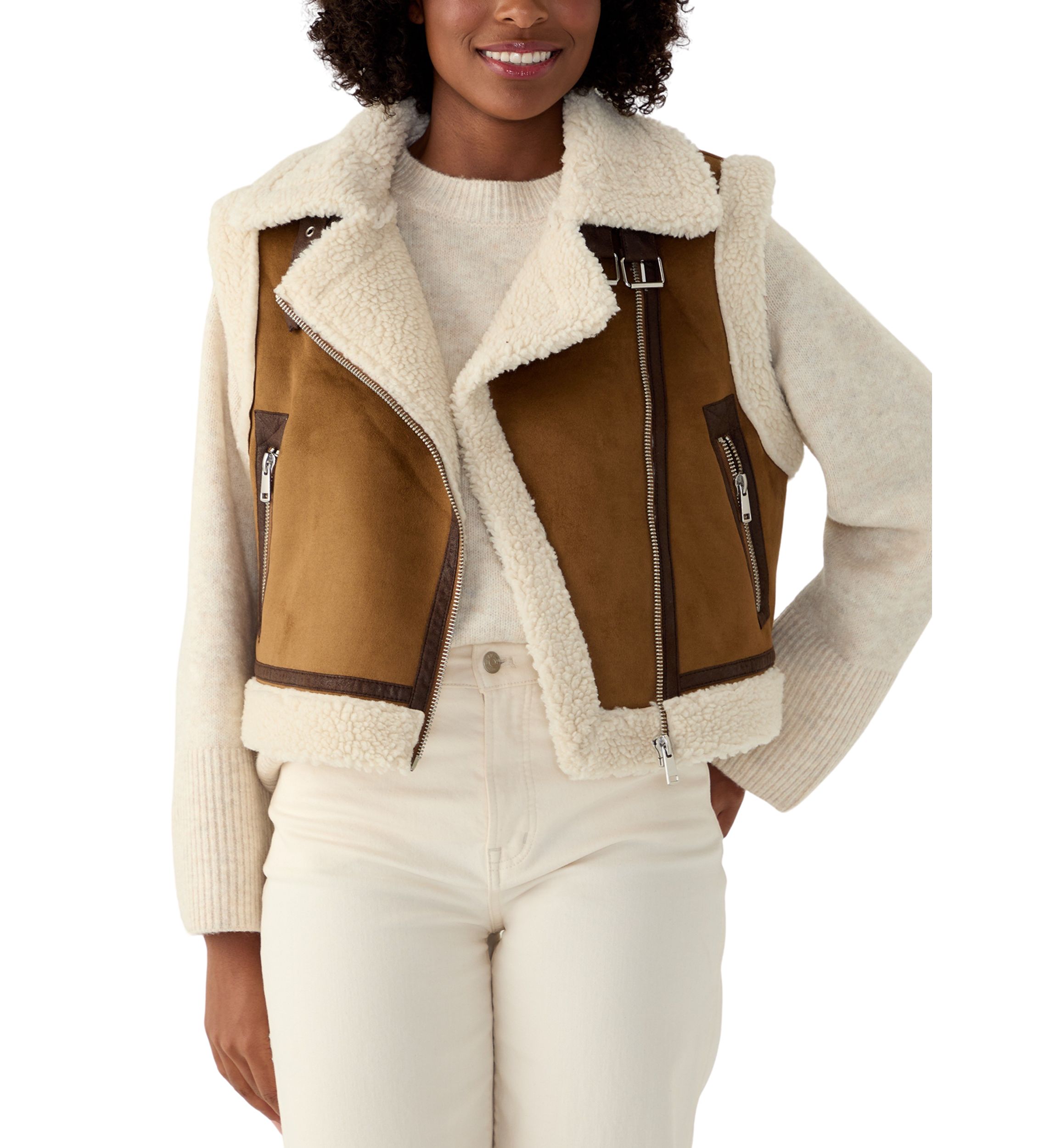 Womens Sherpa Lined Double Faced Faux Suede Vest 