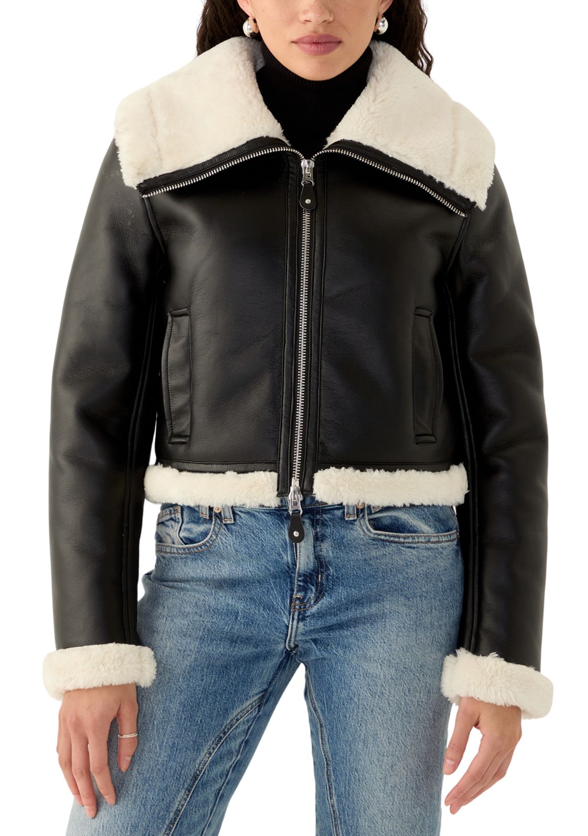 Womens Long Sleeve Faux Leather Cropped Jacket 