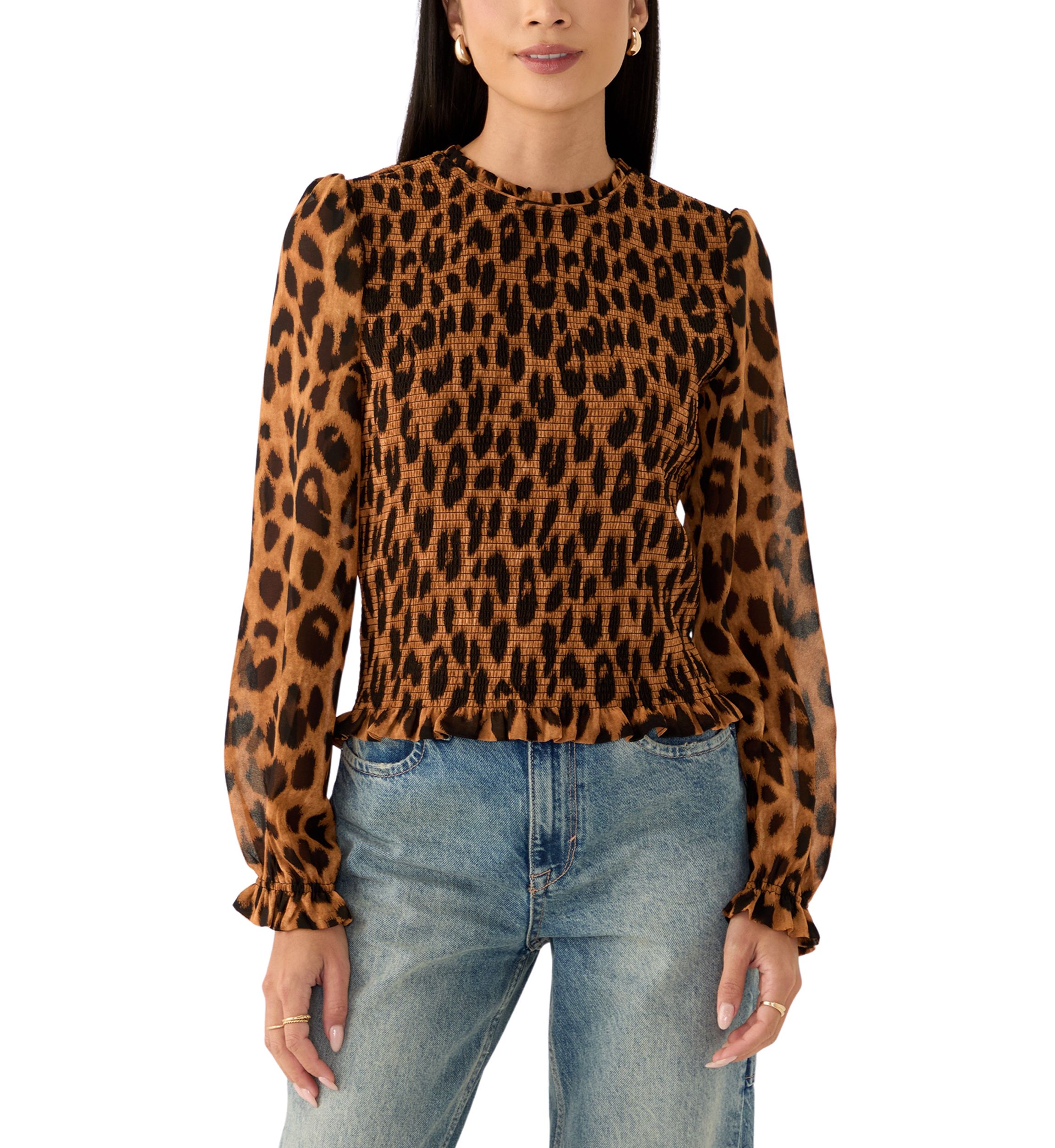 Womens Long Sleeve Woven Smocked Blouse 