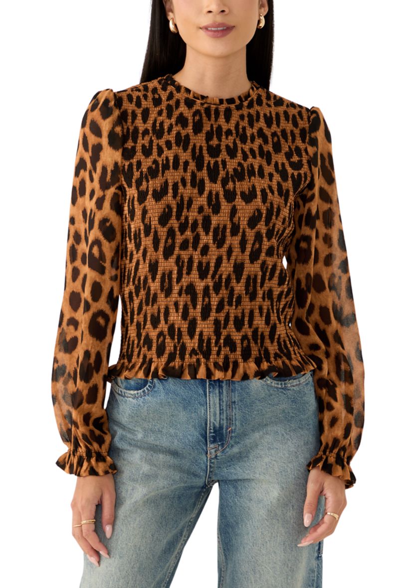 Womens Long Sleeve Woven Smocked Blouse 