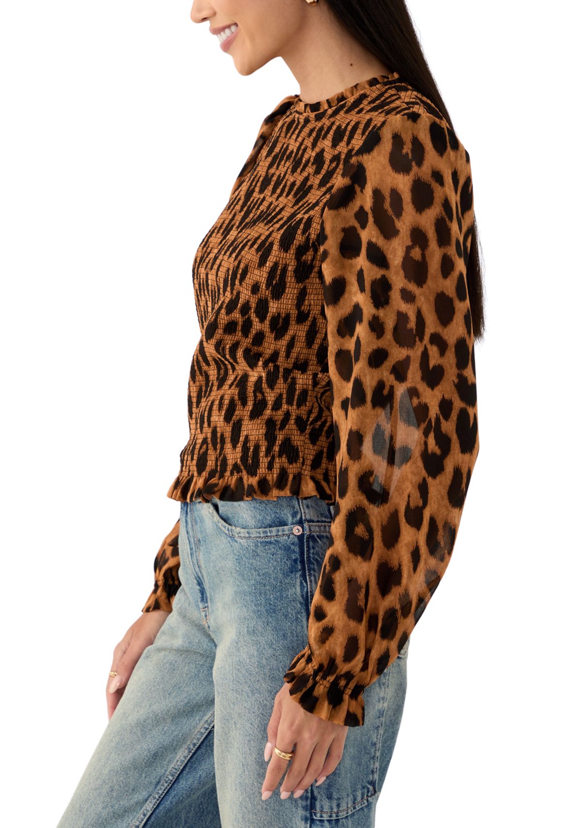 Womens Long Sleeve Woven Smocked Blouse 