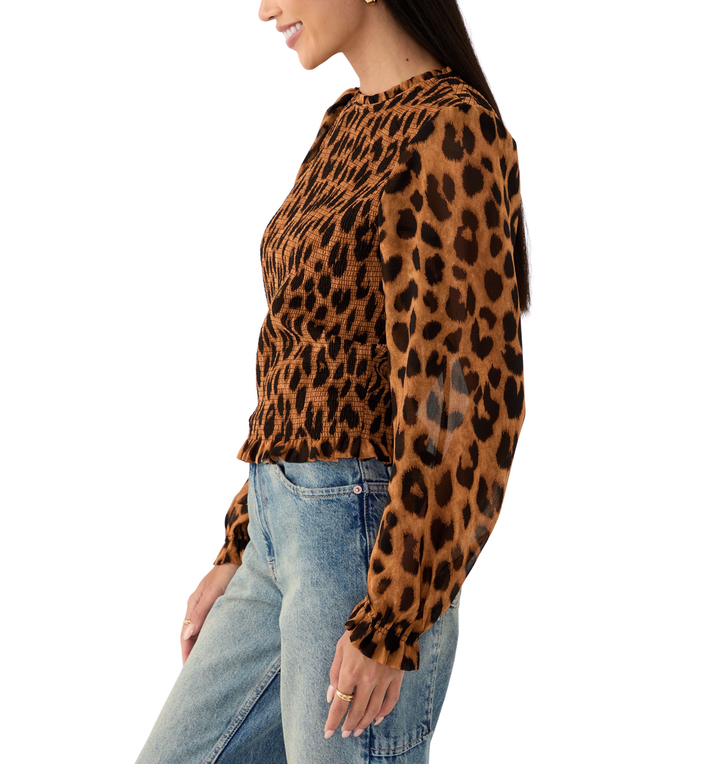 Womens Long Sleeve Woven Smocked Blouse 