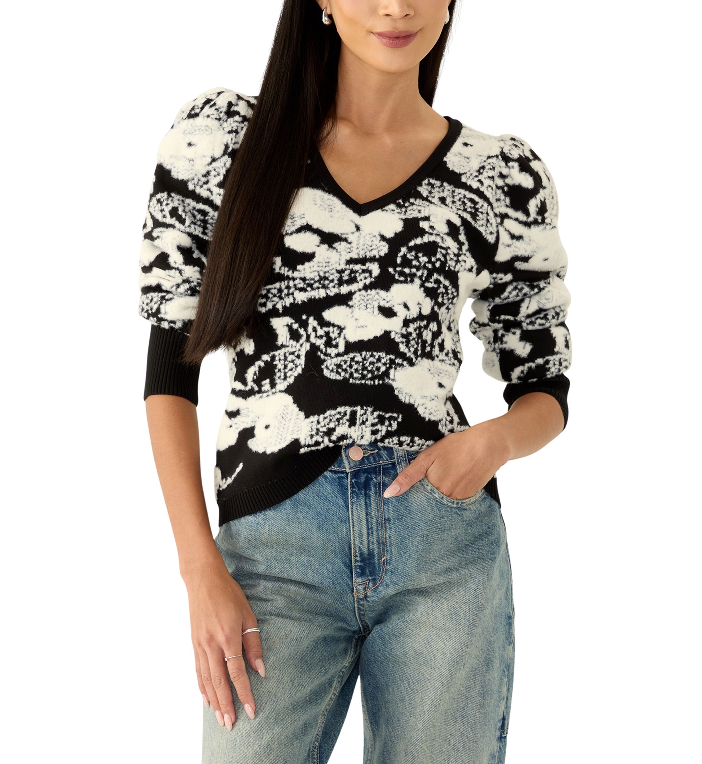 Womens Long Puff Sleeve Printed V-Neck Sweater