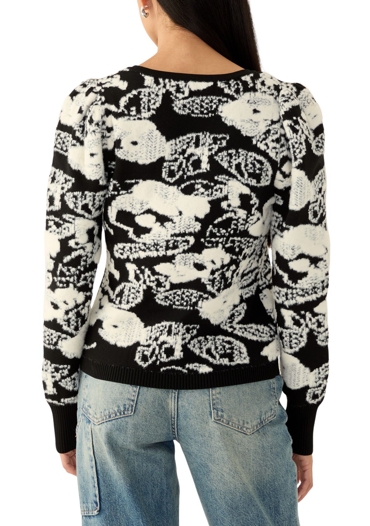 Womens Long Puff Sleeve Printed V-Neck Sweater
