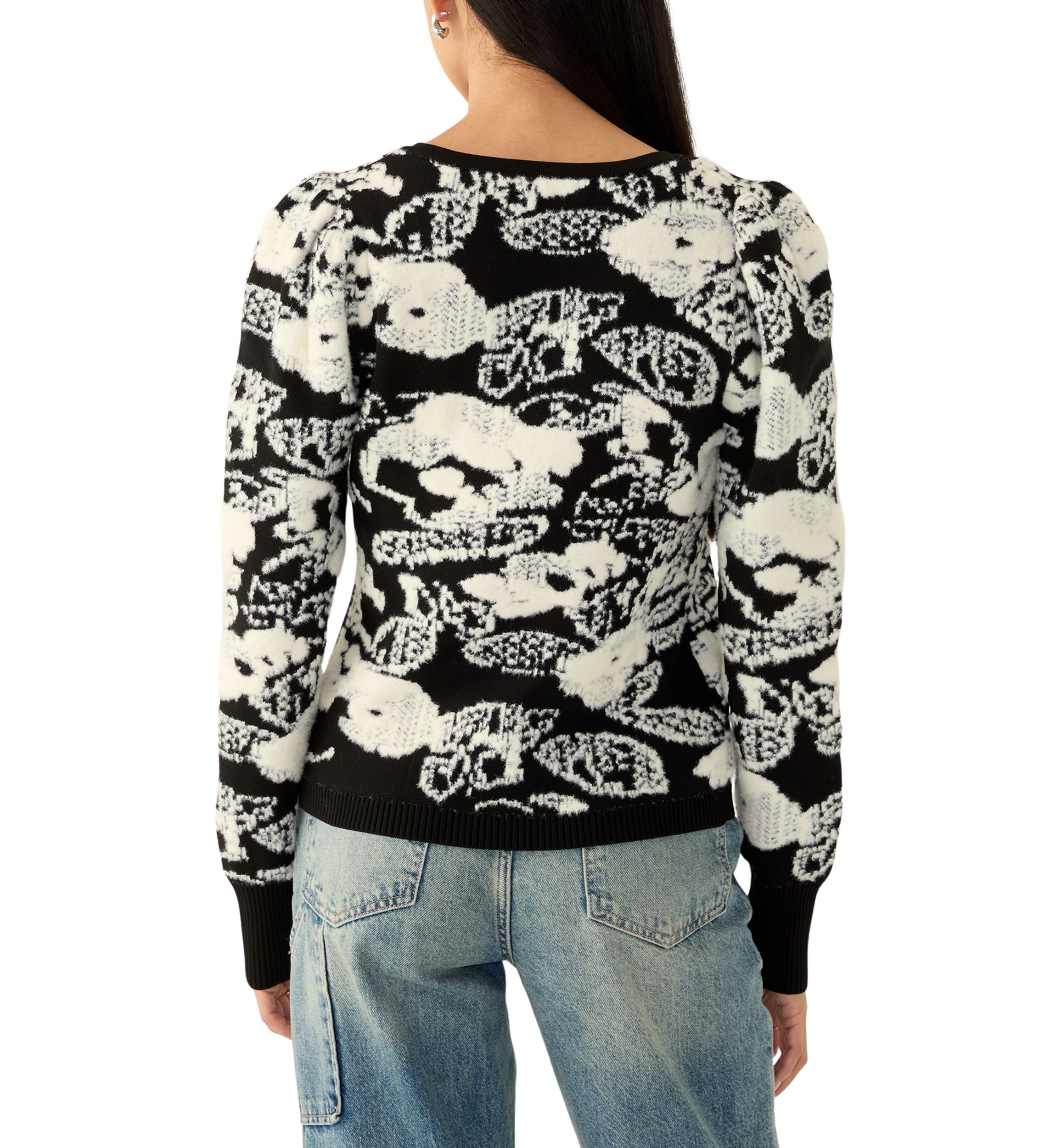 Womens Long Puff Sleeve Printed V-Neck Sweater