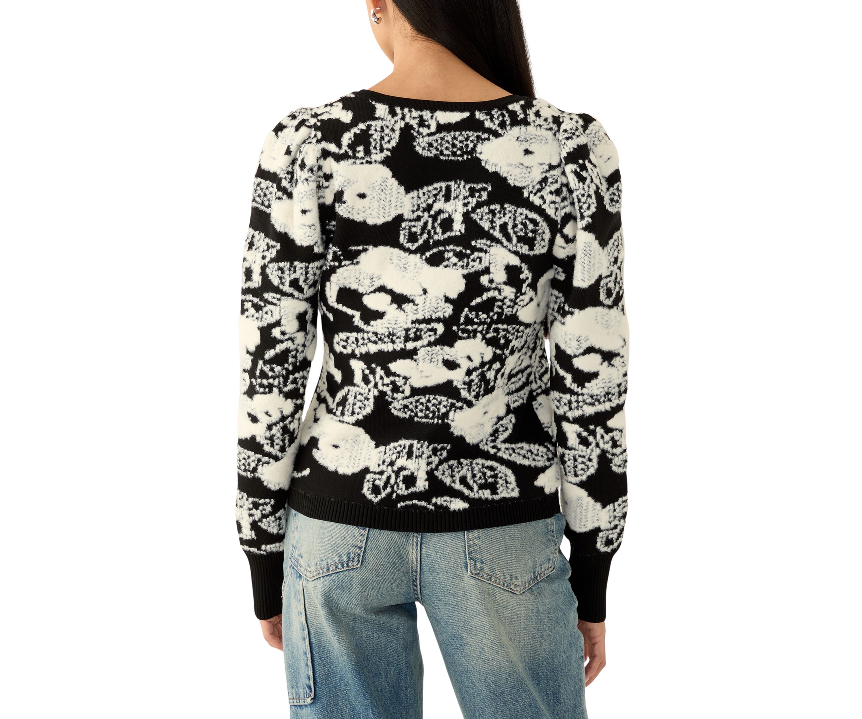 Womens Long Puff Sleeve Printed V-Neck Sweater