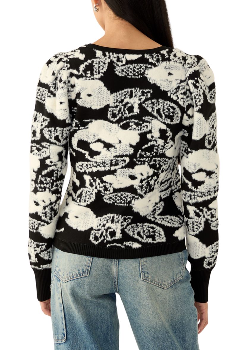 Womens Long Puff Sleeve Printed V-Neck Sweater