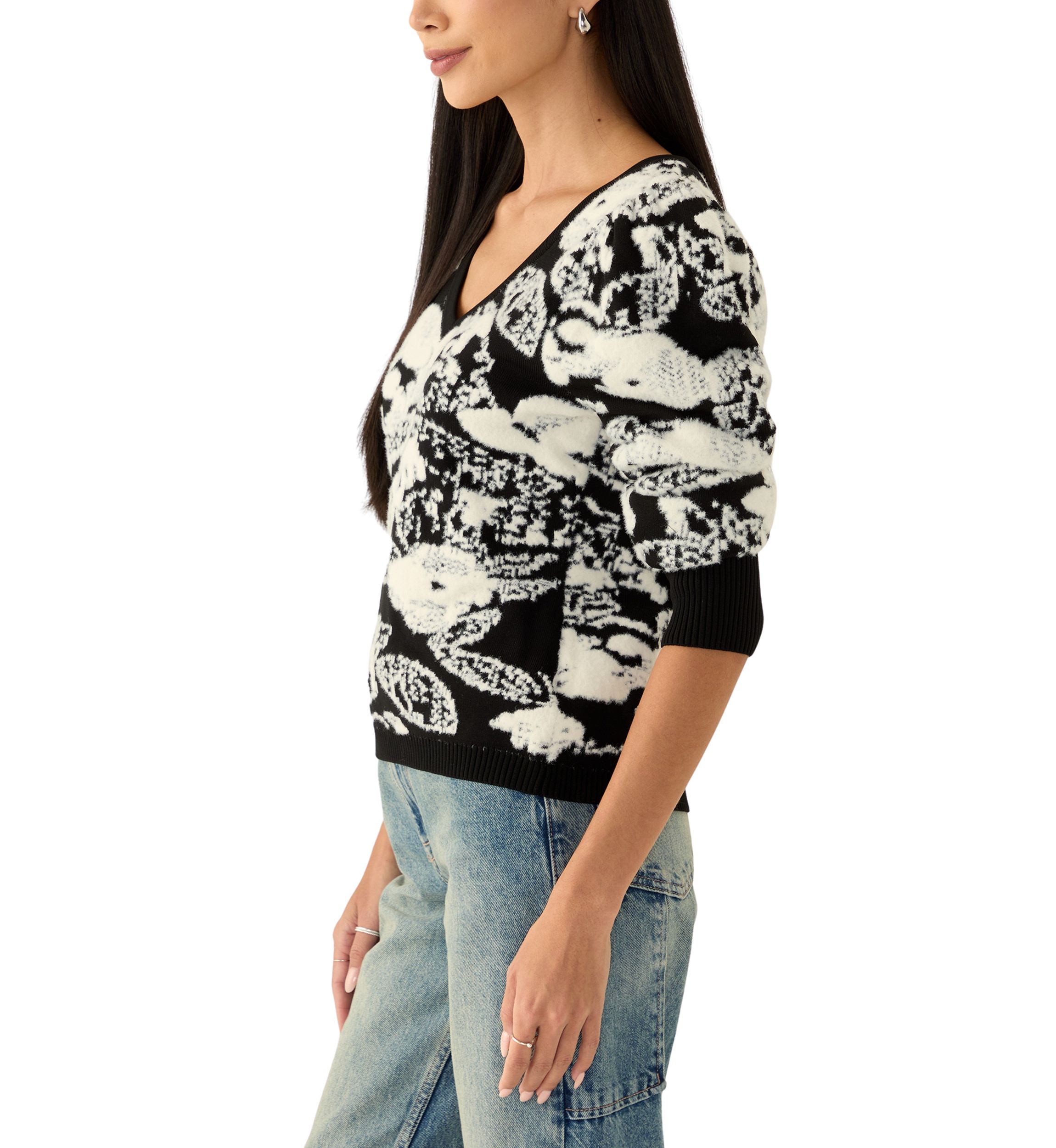 Womens Long Puff Sleeve Printed V-Neck Sweater
