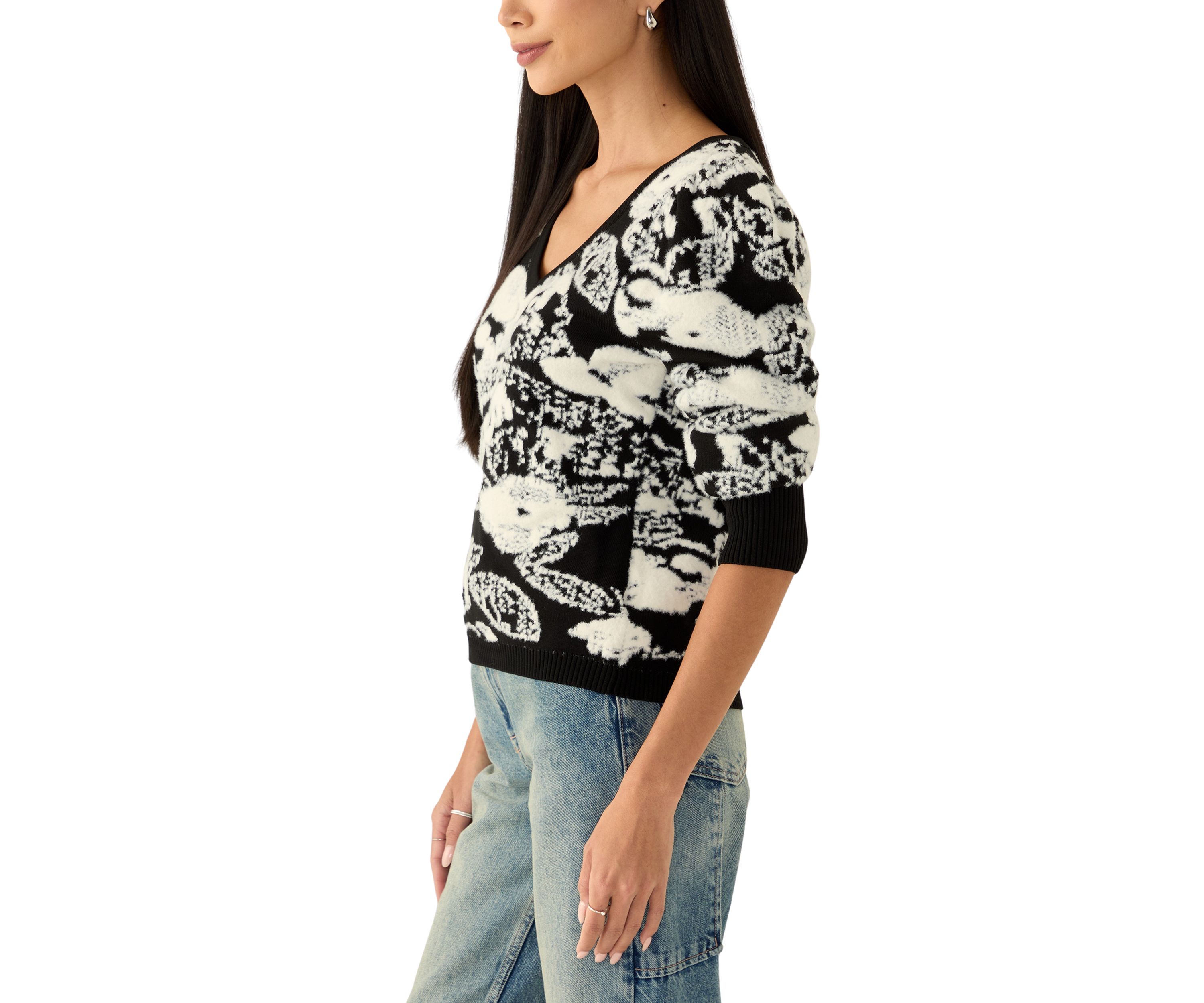 Womens Long Puff Sleeve Printed V-Neck Sweater