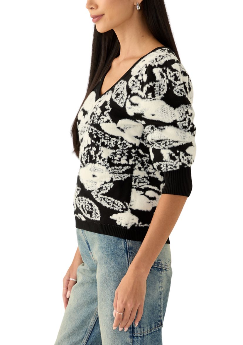 Womens Long Puff Sleeve Printed V-Neck Sweater