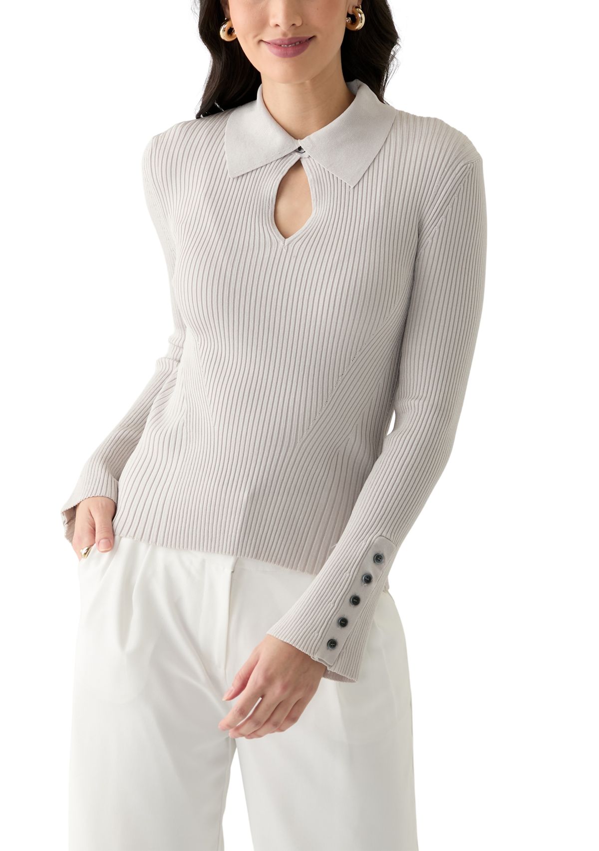 Womens Long Sleeve Collared Keyhole Ribbed Top