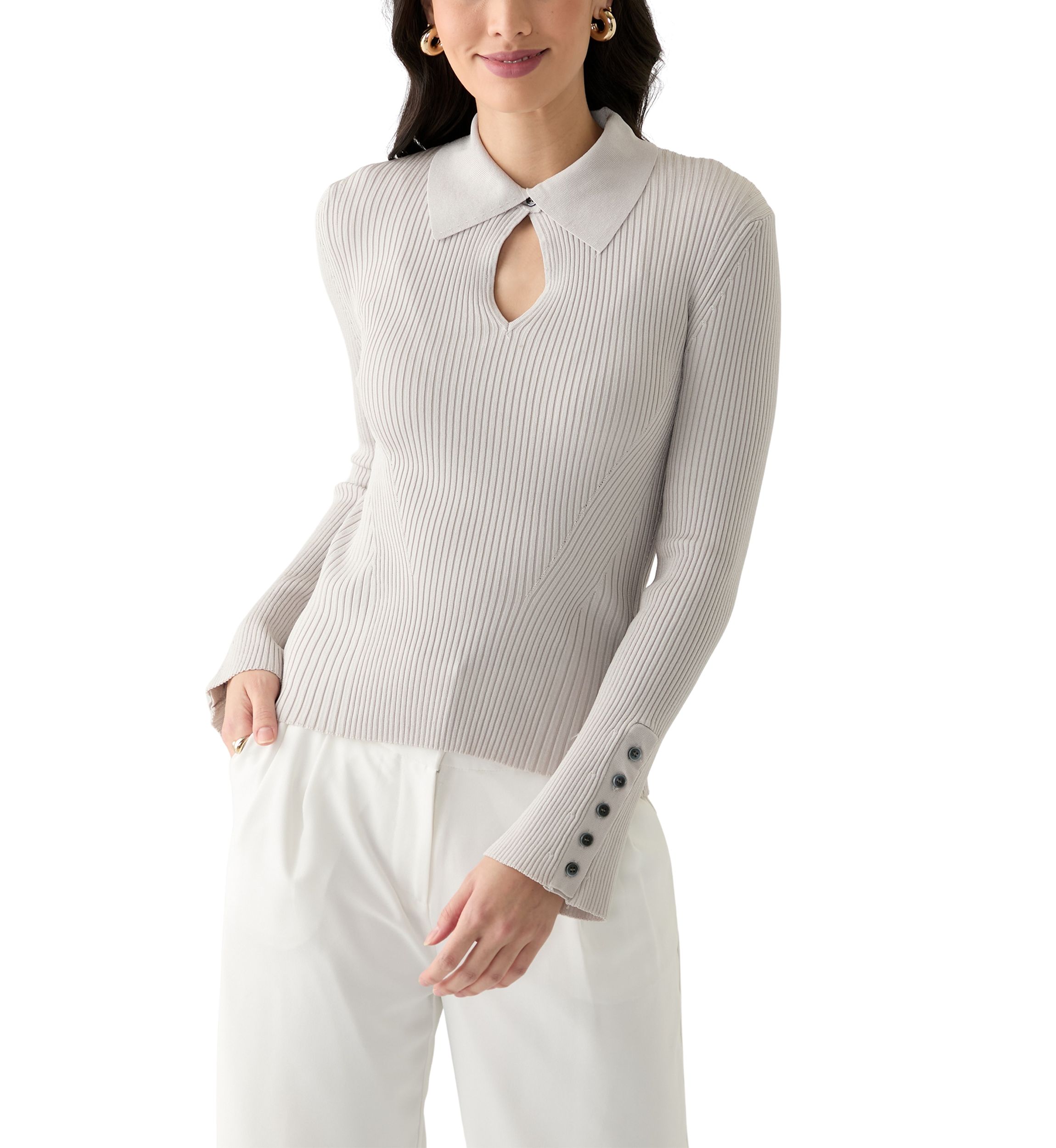 Womens Long Sleeve Collared Keyhole Ribbed Top