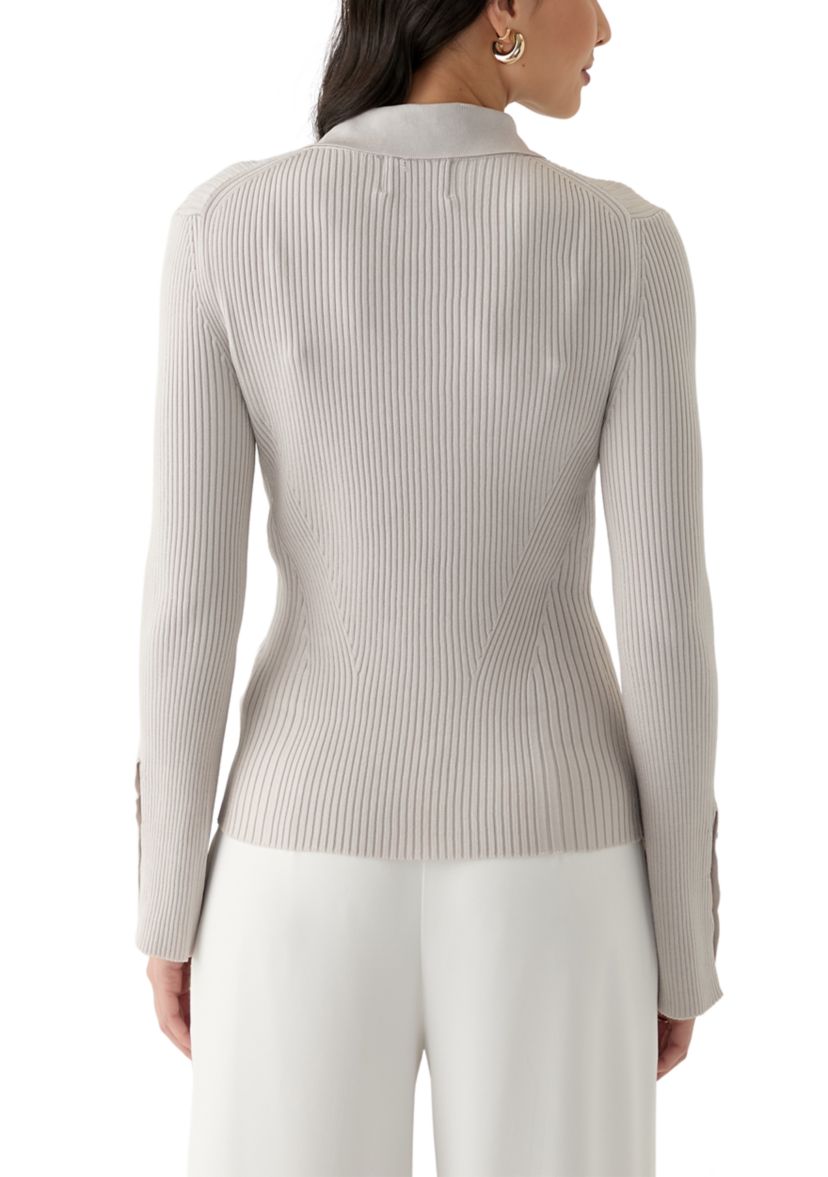 Womens Long Sleeve Collared Keyhole Ribbed Top