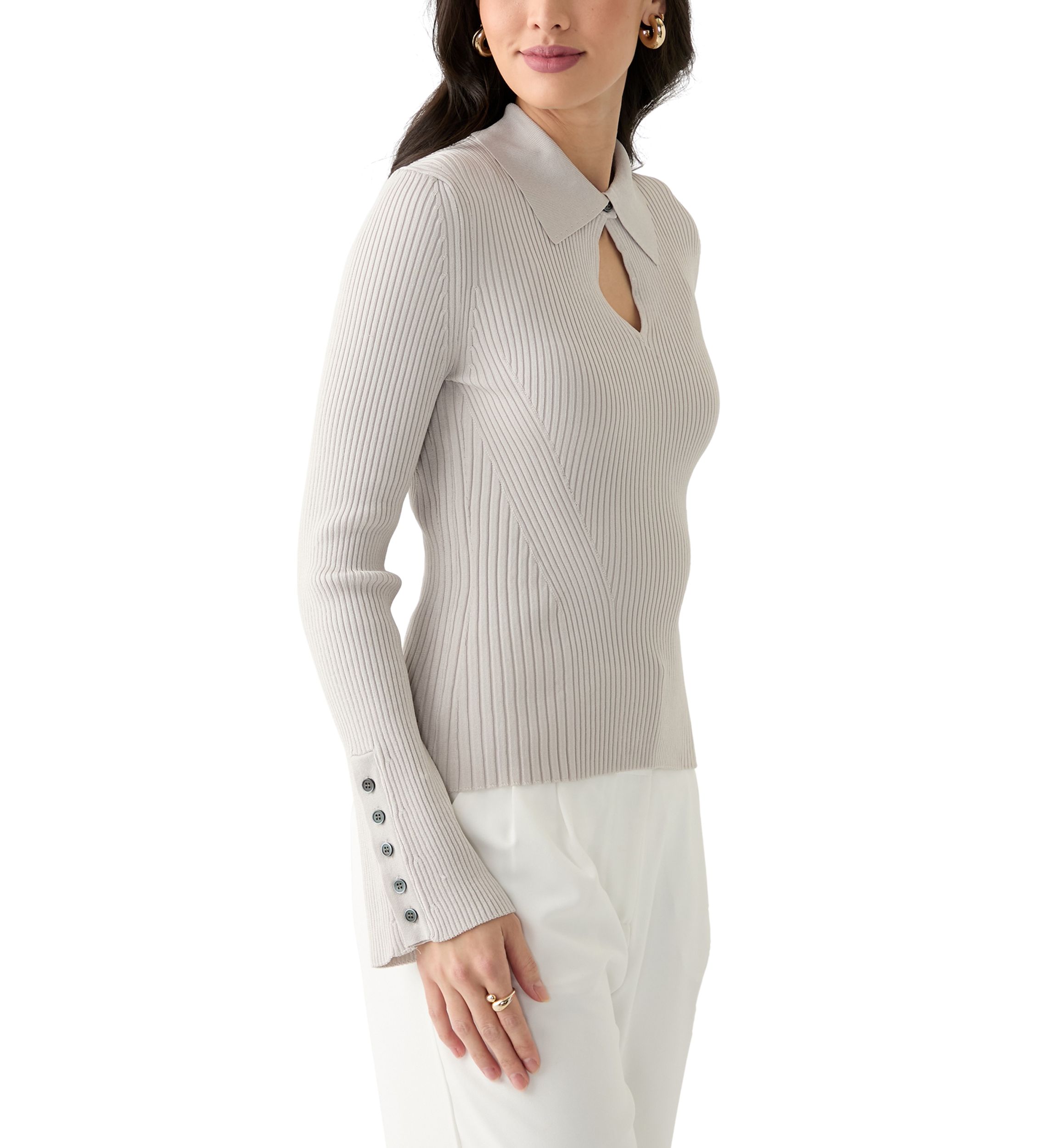 Womens Long Sleeve Collared Keyhole Ribbed Top