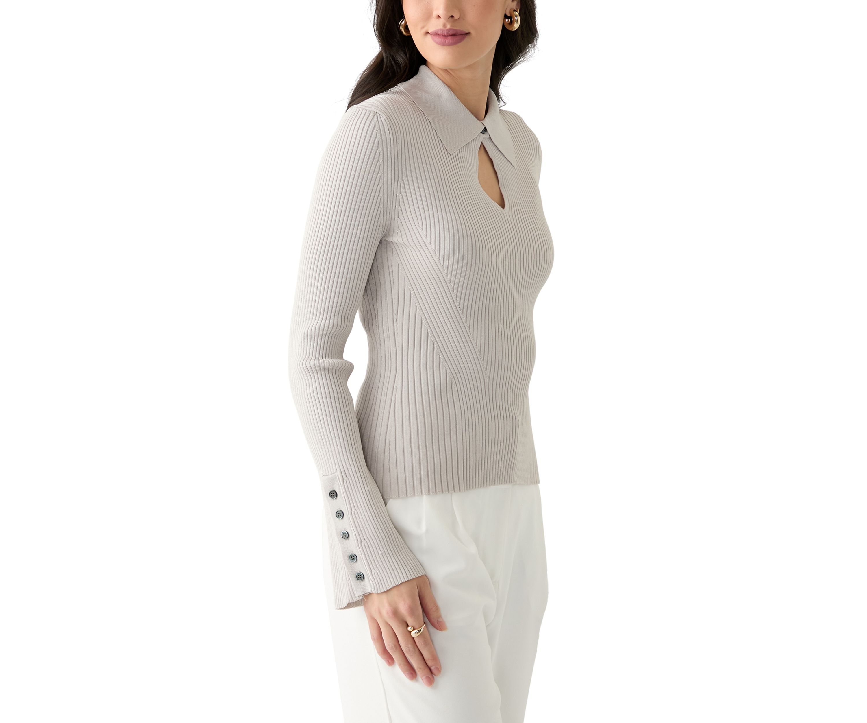 Womens Long Sleeve Collared Keyhole Ribbed Top
