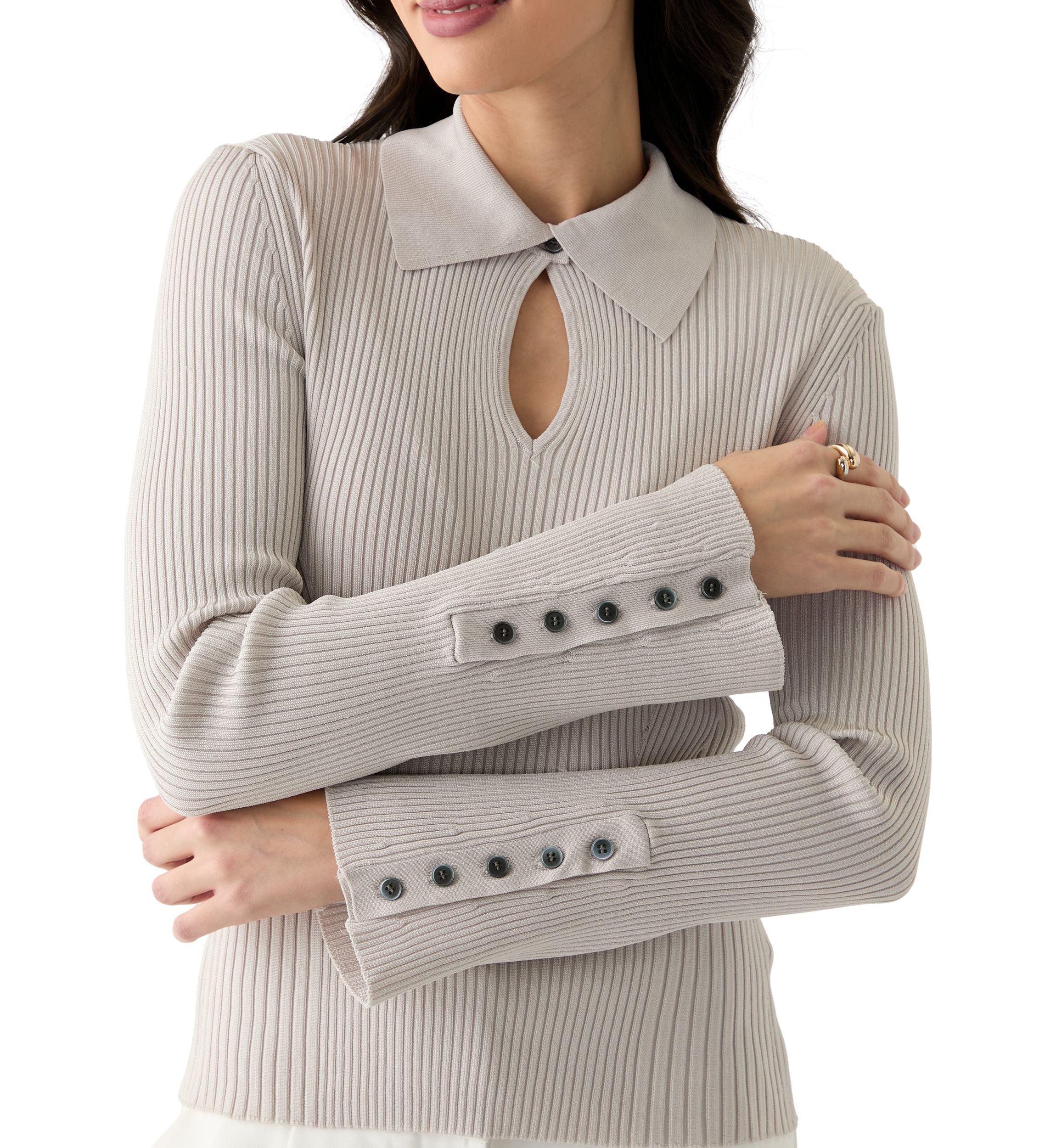 Womens Long Sleeve Collared Keyhole Ribbed Top