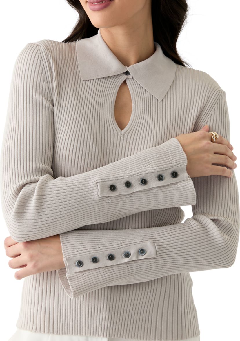 Womens Long Sleeve Collared Keyhole Ribbed Top
