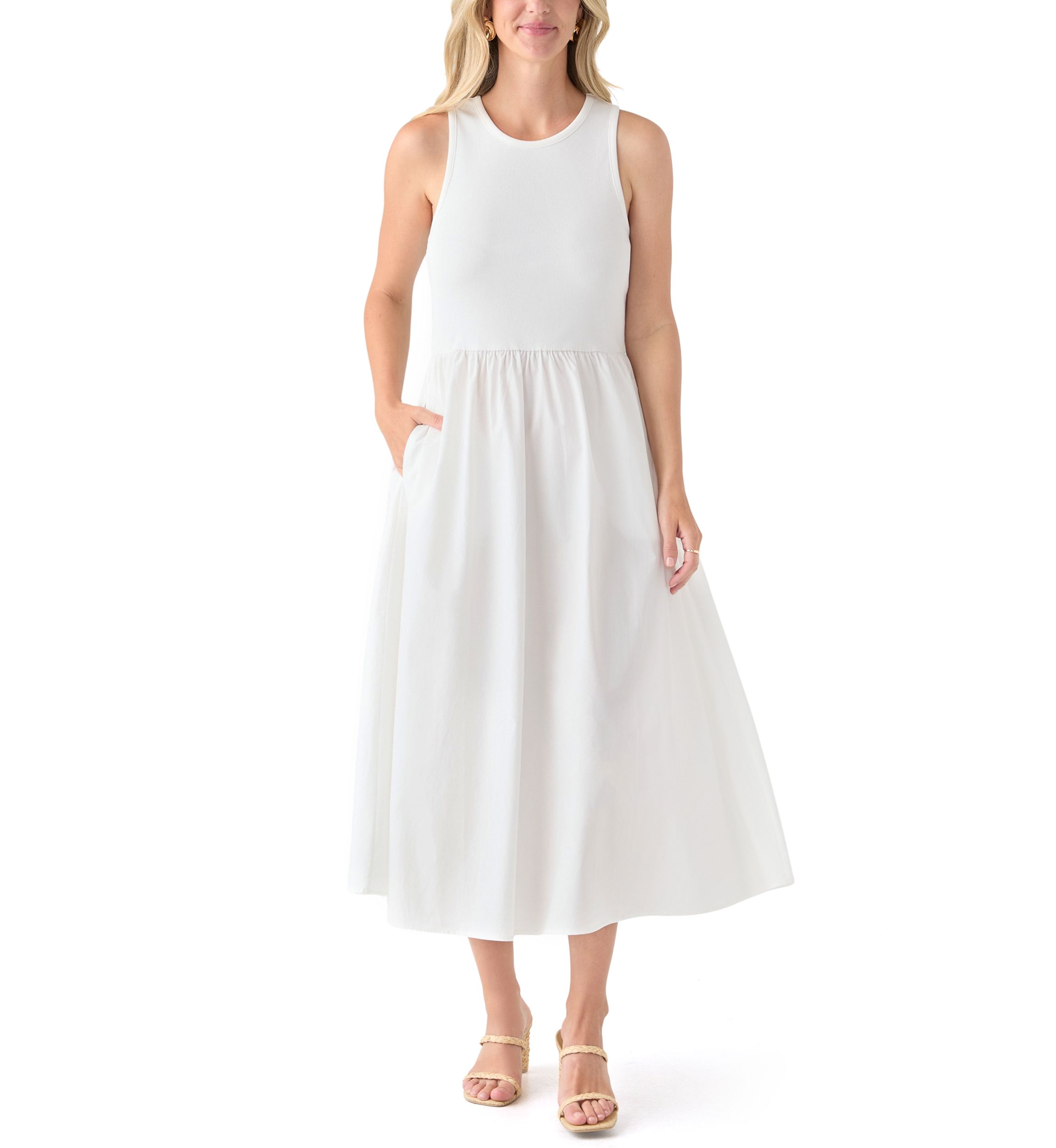 Womens Sleeveless Mixed Media Midi Dress