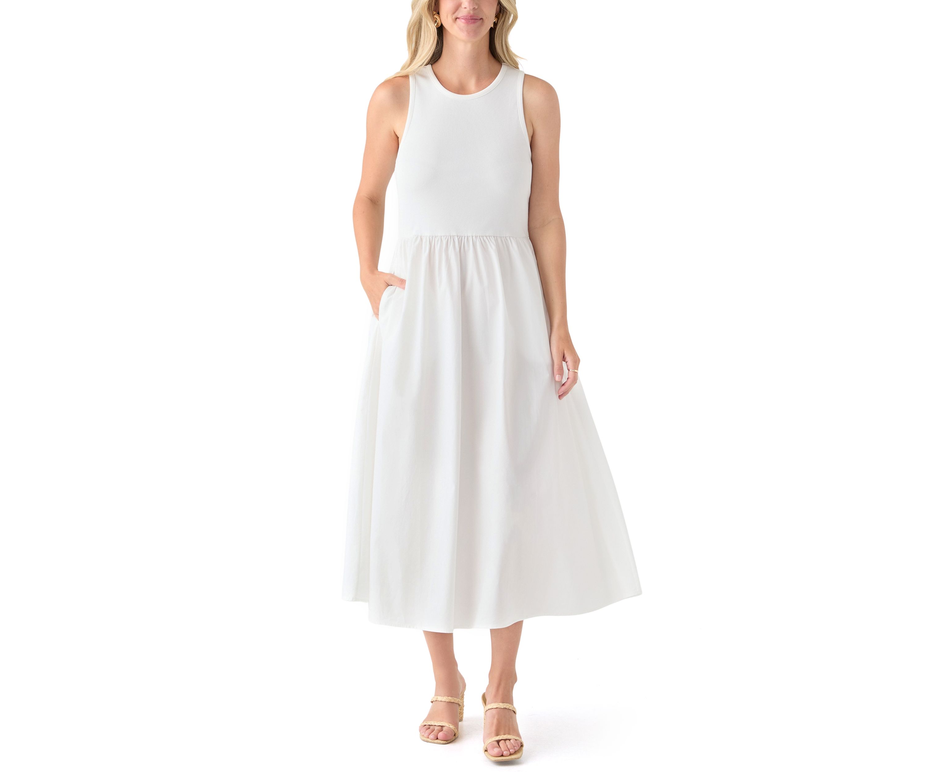 Womens Sleeveless Mixed Media Midi Dress