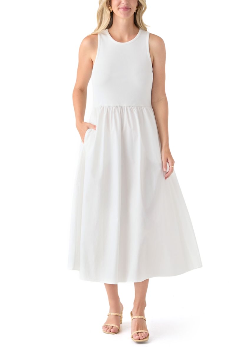 Womens Sleeveless Mixed Media Midi Dress