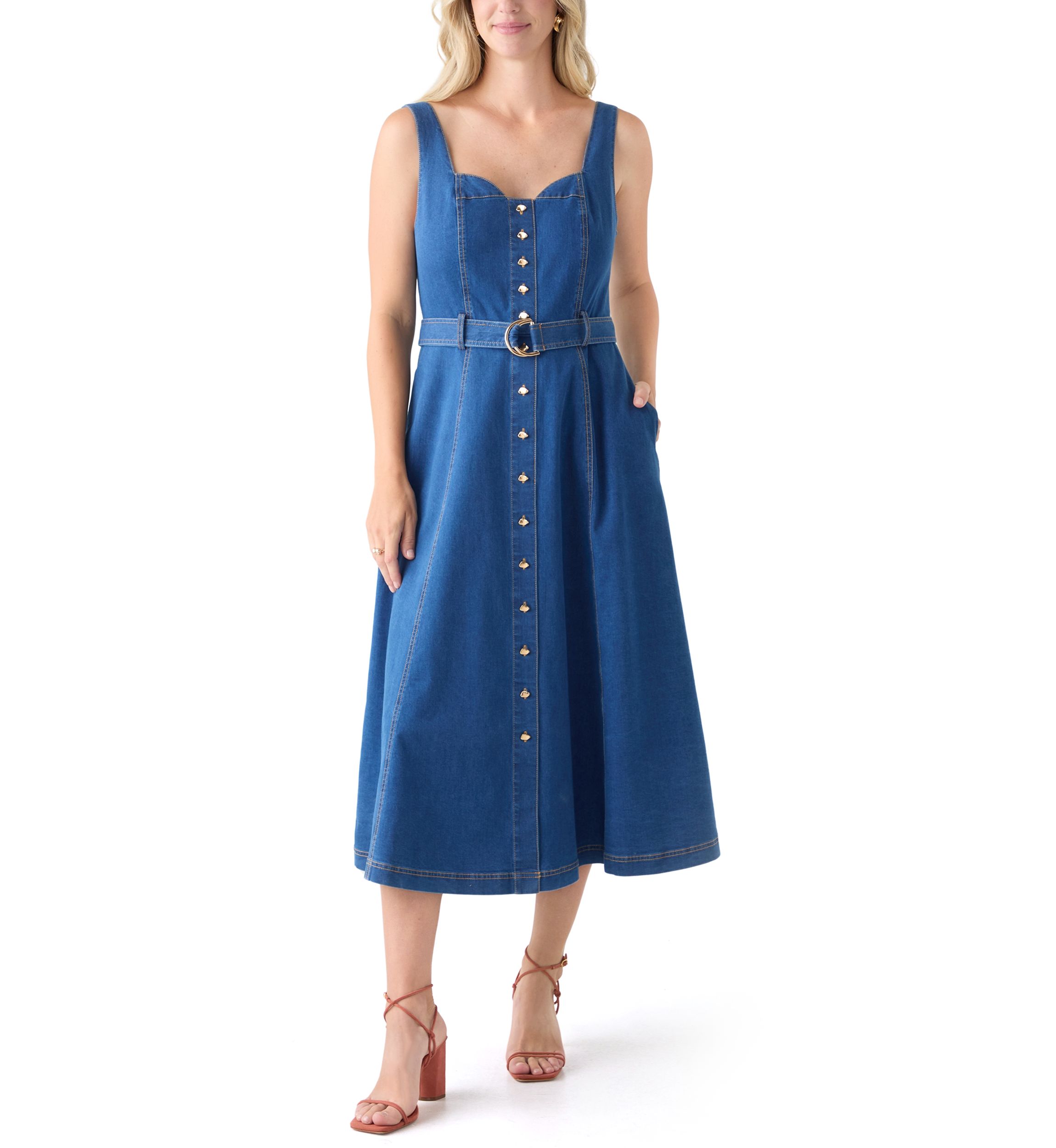 Womens Sleeveless Sweetheart Neck Fit and Flare Dress