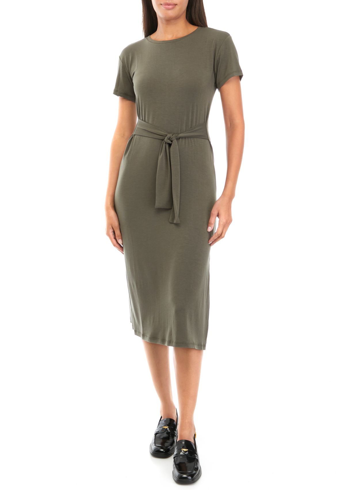 Womens Tie Front Solid Midi Dress