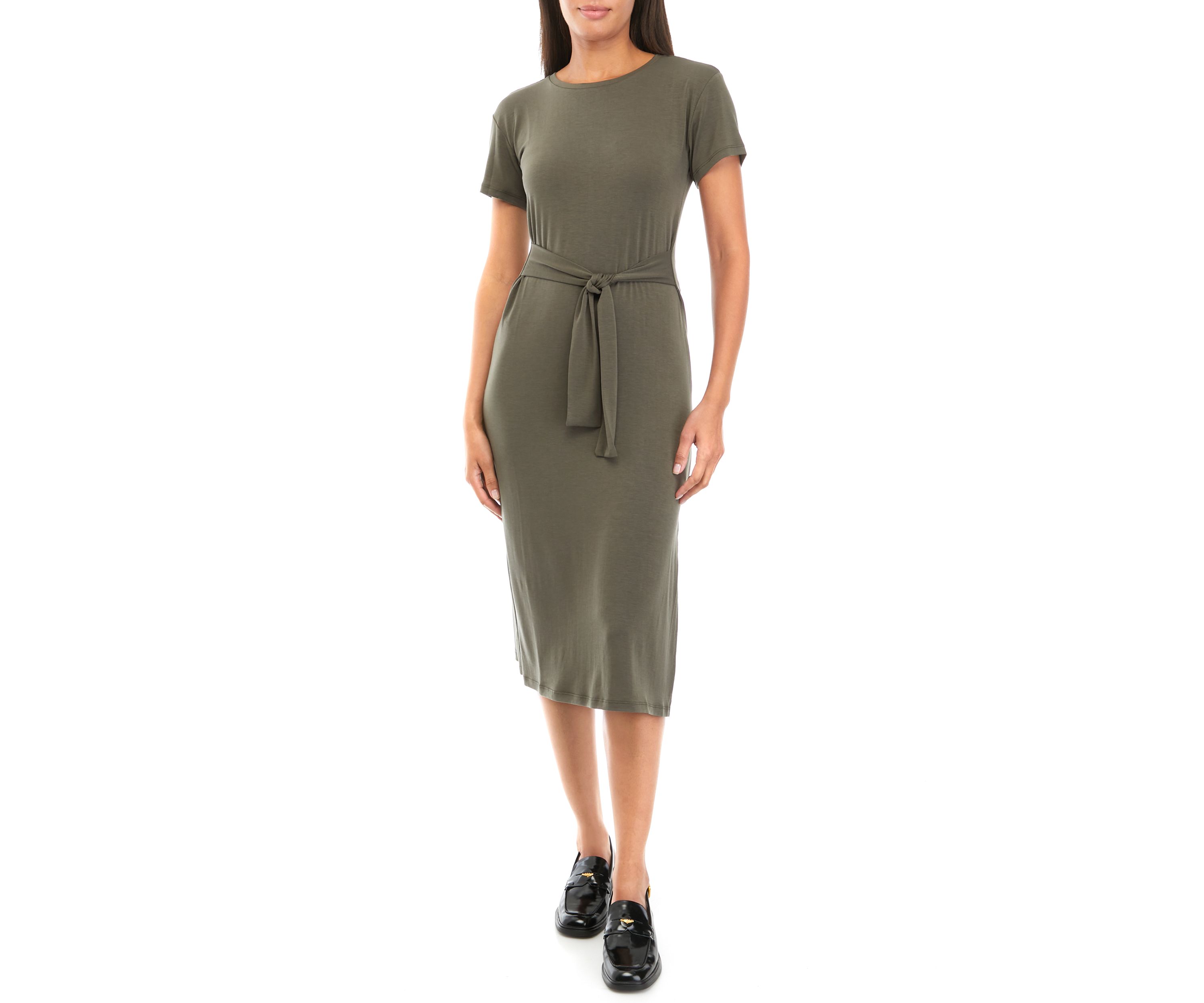 Womens Tie Front Solid Midi Dress