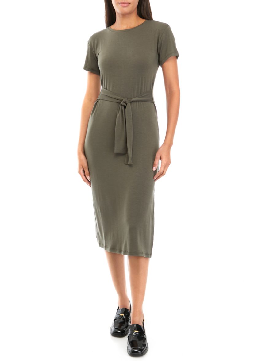 Womens Tie Front Solid Midi Dress