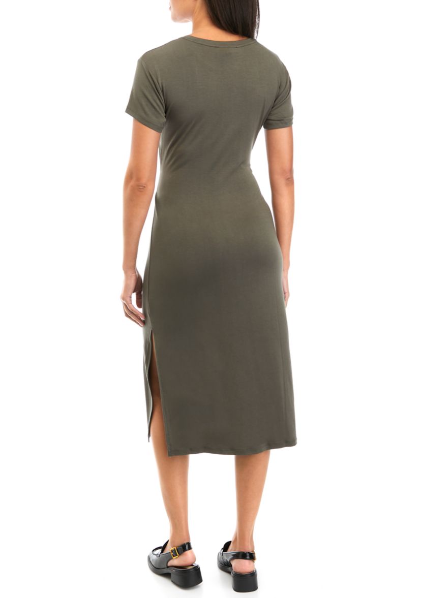 Womens Tie Front Solid Midi Dress
