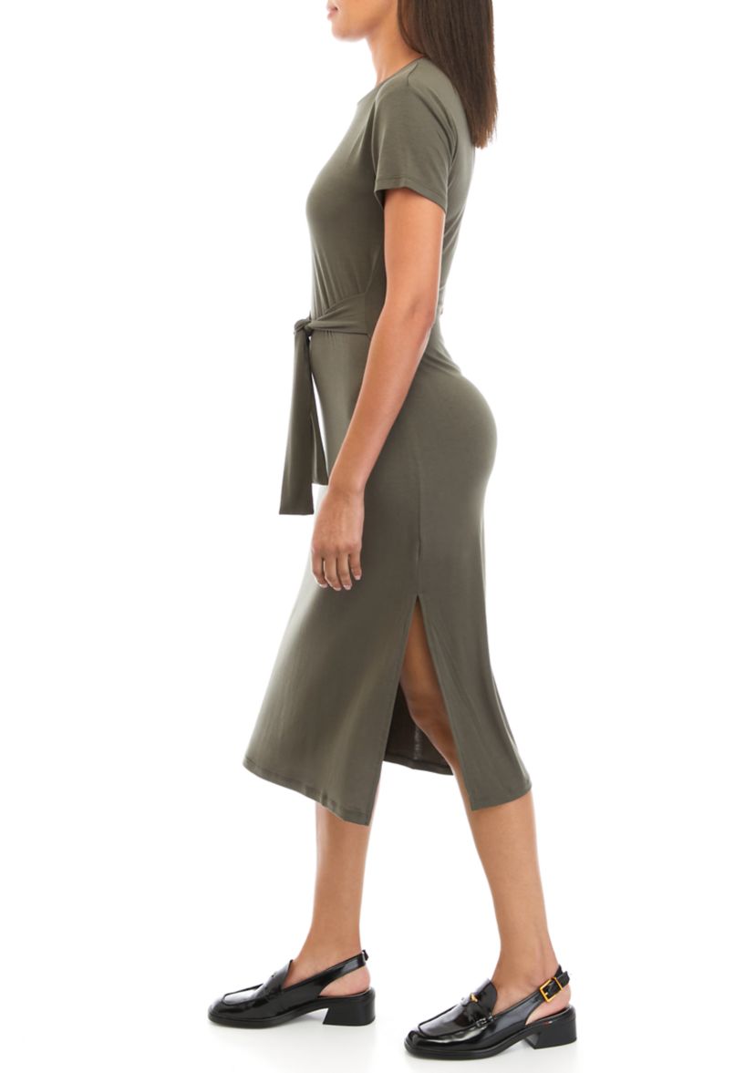 Womens Tie Front Solid Midi Dress