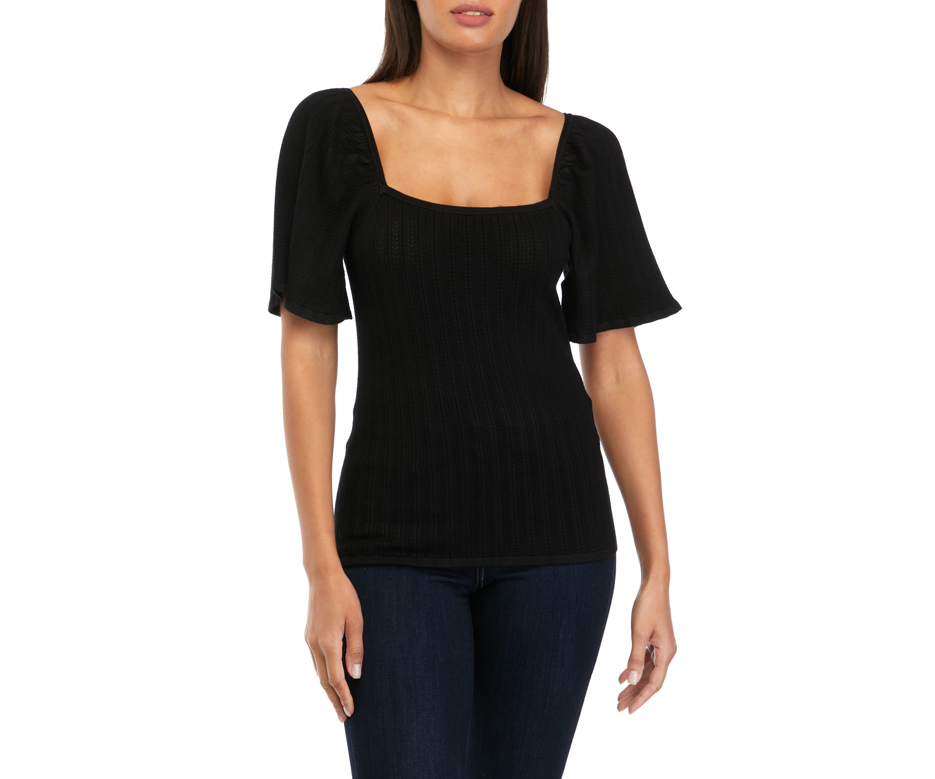 Womens Pointelle Square Neck Blouse