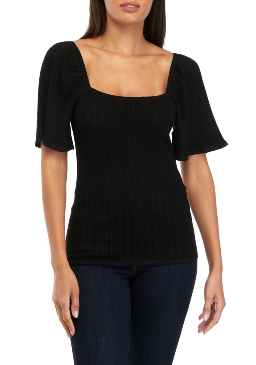 Womens Pointelle Square Neck Blouse