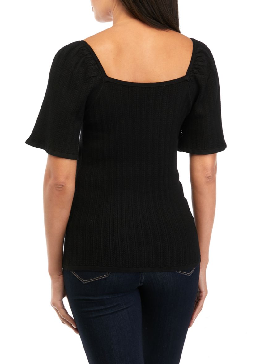 Womens Pointelle Square Neck Blouse