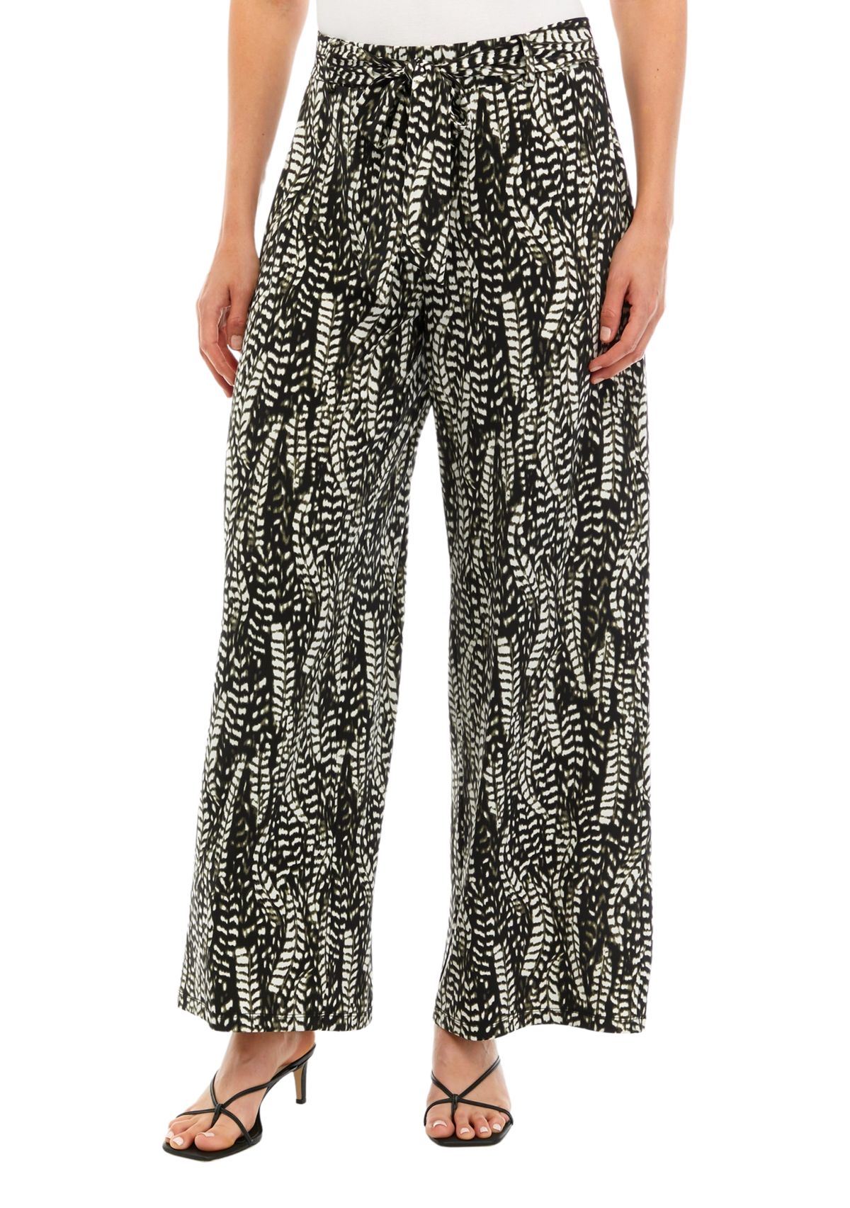 Womens Wide Leg Pull On Printed Pants with Self Belt