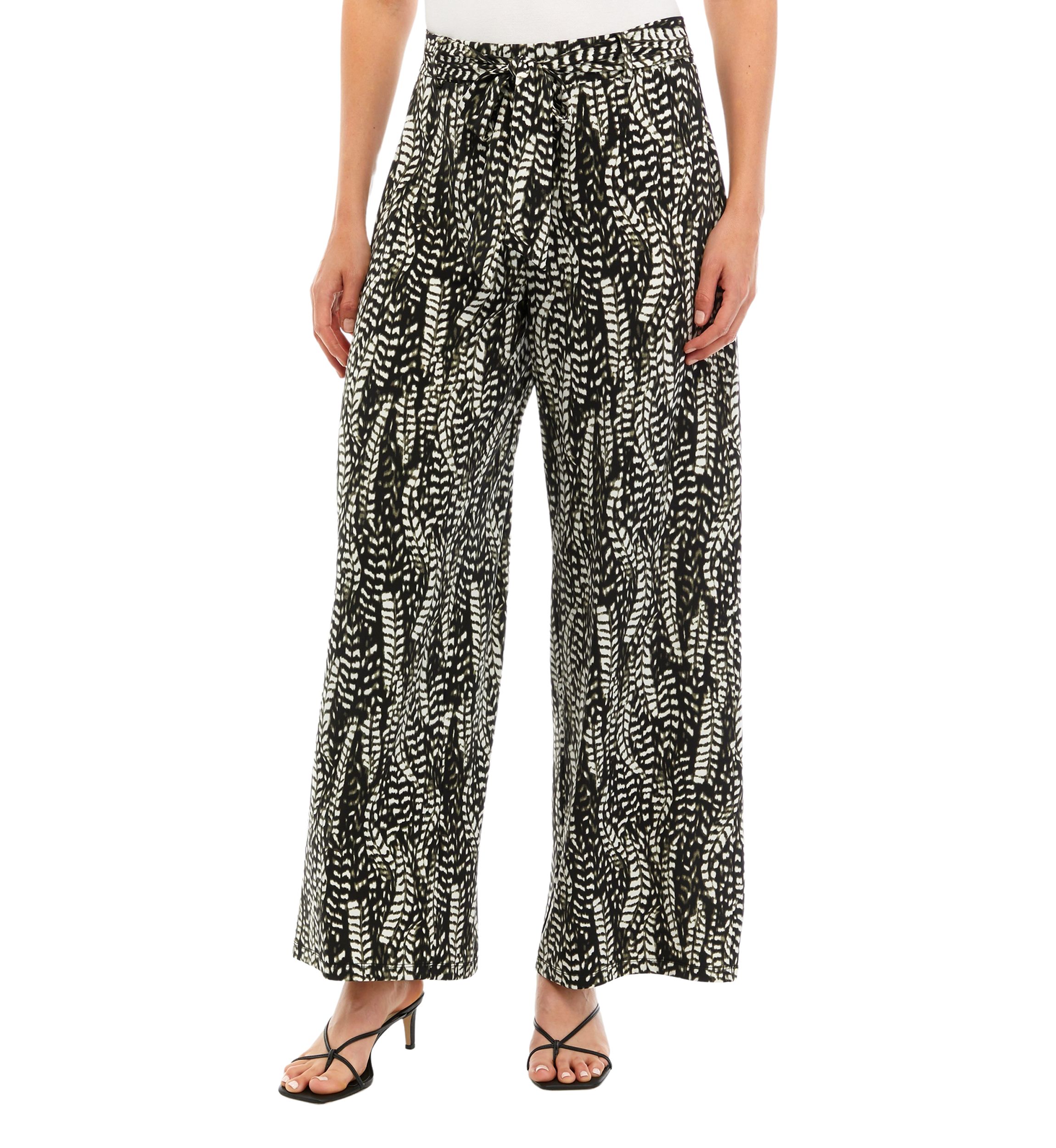 Womens Wide Leg Pull On Printed Pants with Self Belt