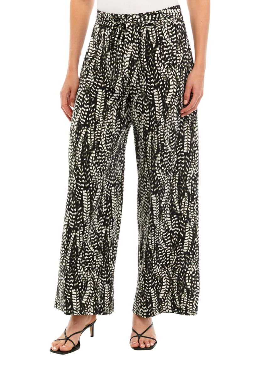 Womens Wide Leg Pull On Printed Pants with Self Belt