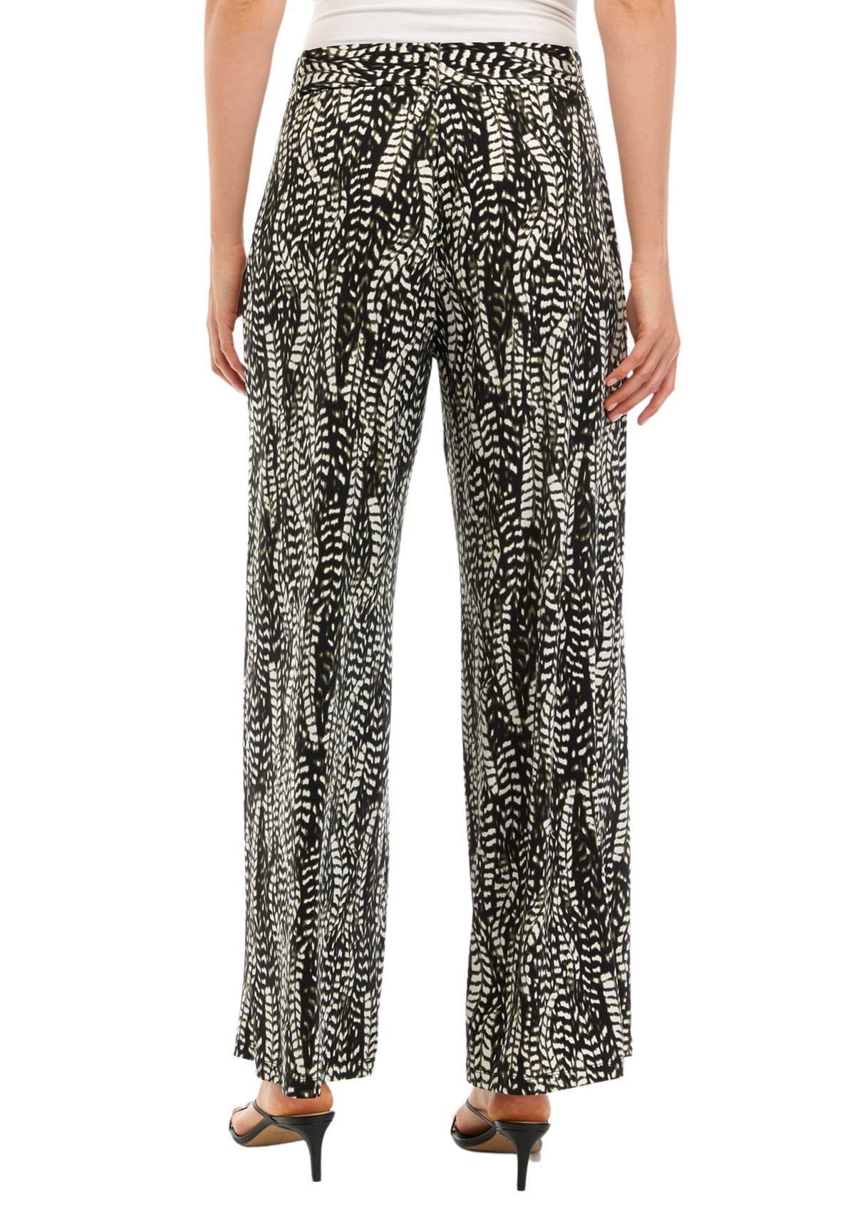 Womens Wide Leg Pull On Printed Pants with Self Belt