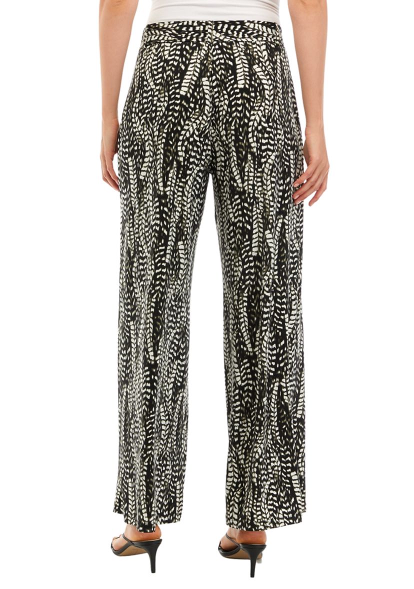 Womens Wide Leg Pull On Printed Pants with Self Belt