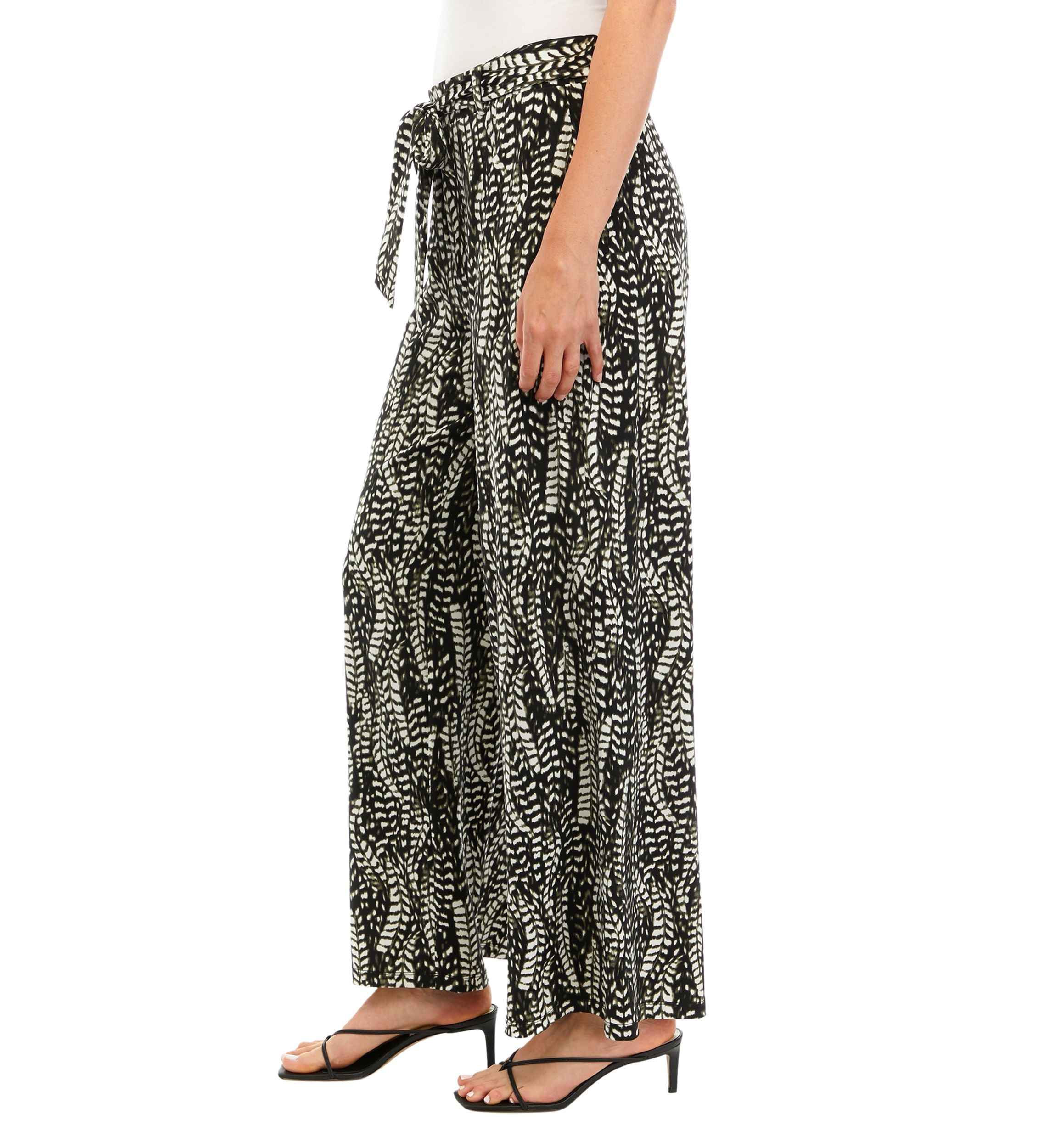 Womens Wide Leg Pull On Printed Pants with Self Belt
