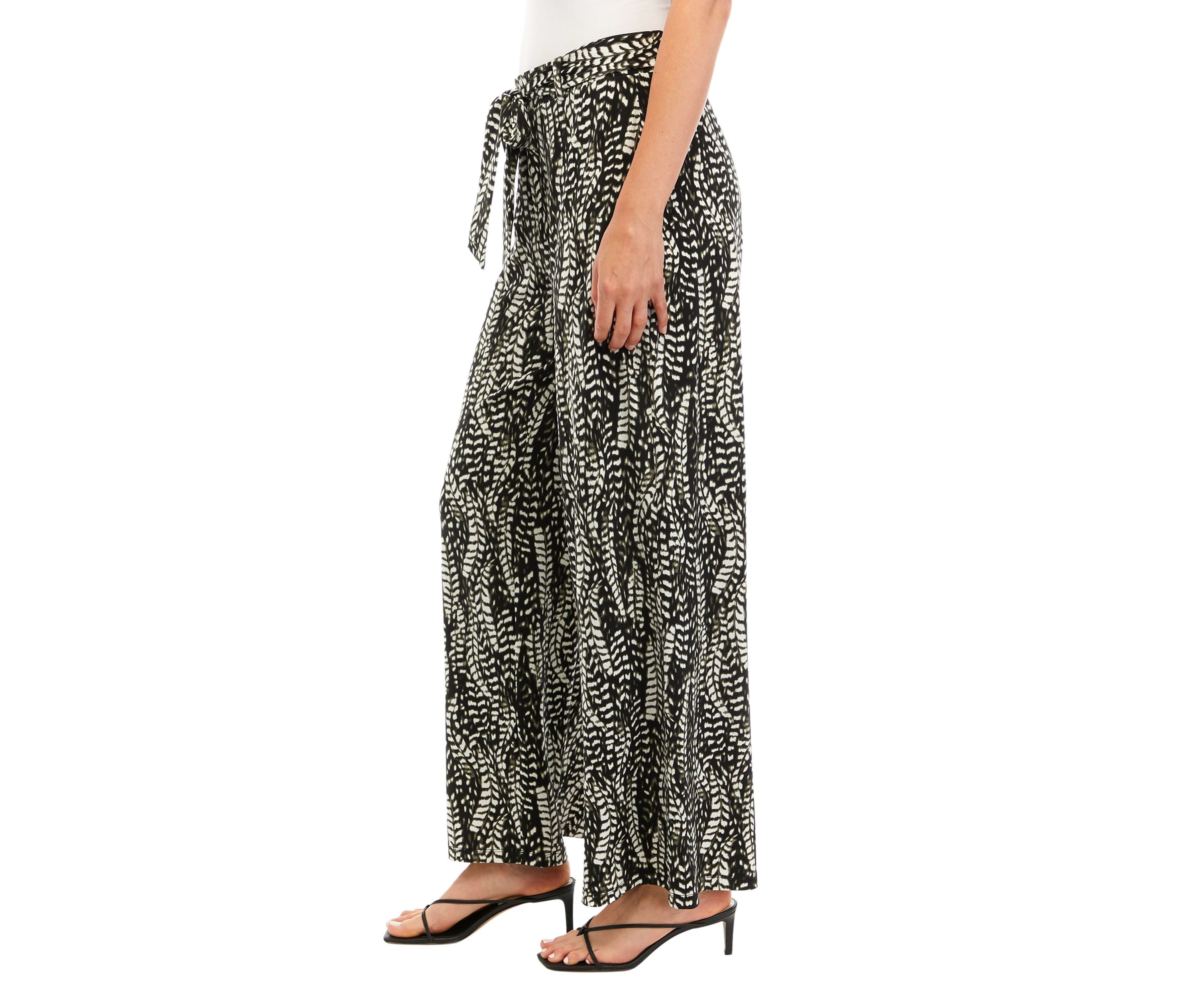 Womens Wide Leg Pull On Printed Pants with Self Belt