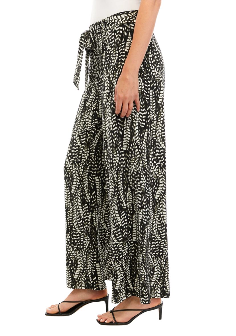 Womens Wide Leg Pull On Printed Pants with Self Belt