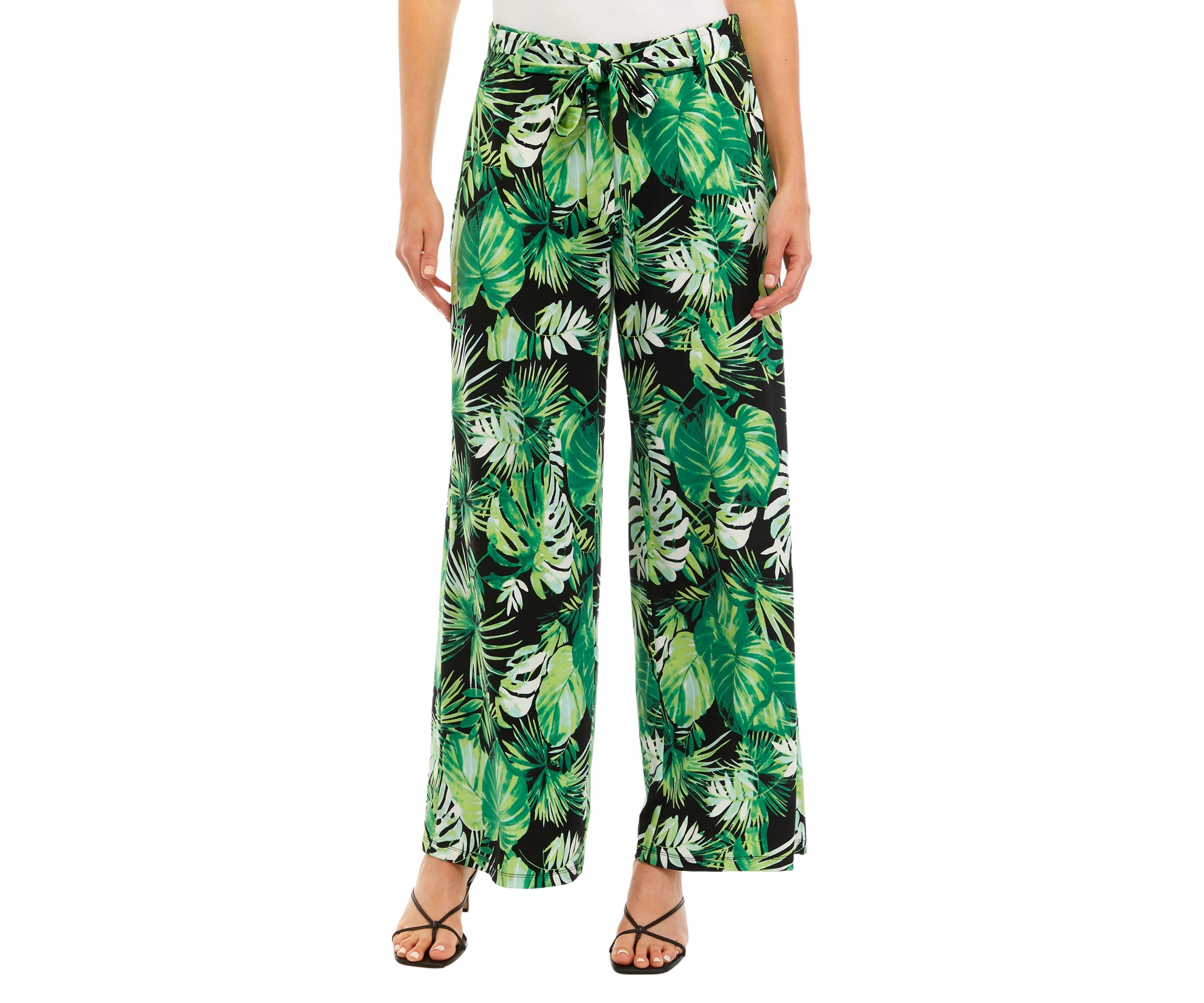 Womens Wide Leg Pull On Printed Pants with Self Belt