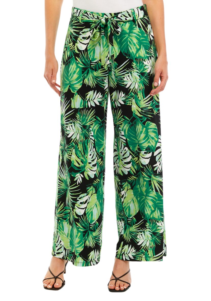 Womens Wide Leg Pull On Printed Pants with Self Belt