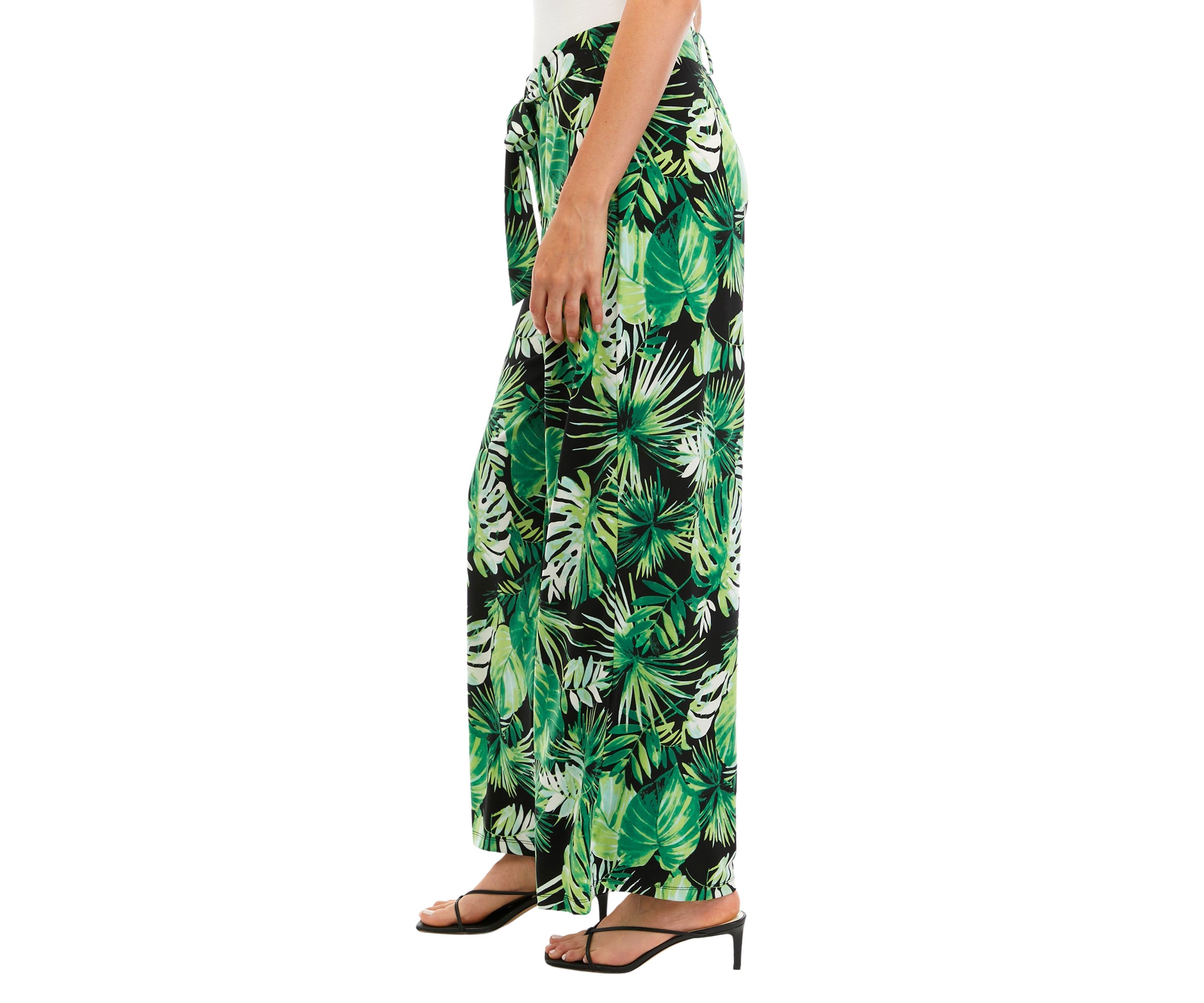 Womens Wide Leg Pull On Printed Pants with Self Belt