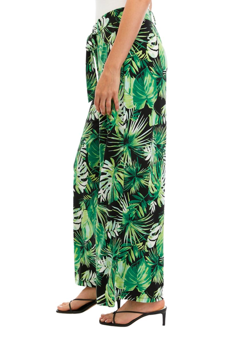 Womens Wide Leg Pull On Printed Pants with Self Belt