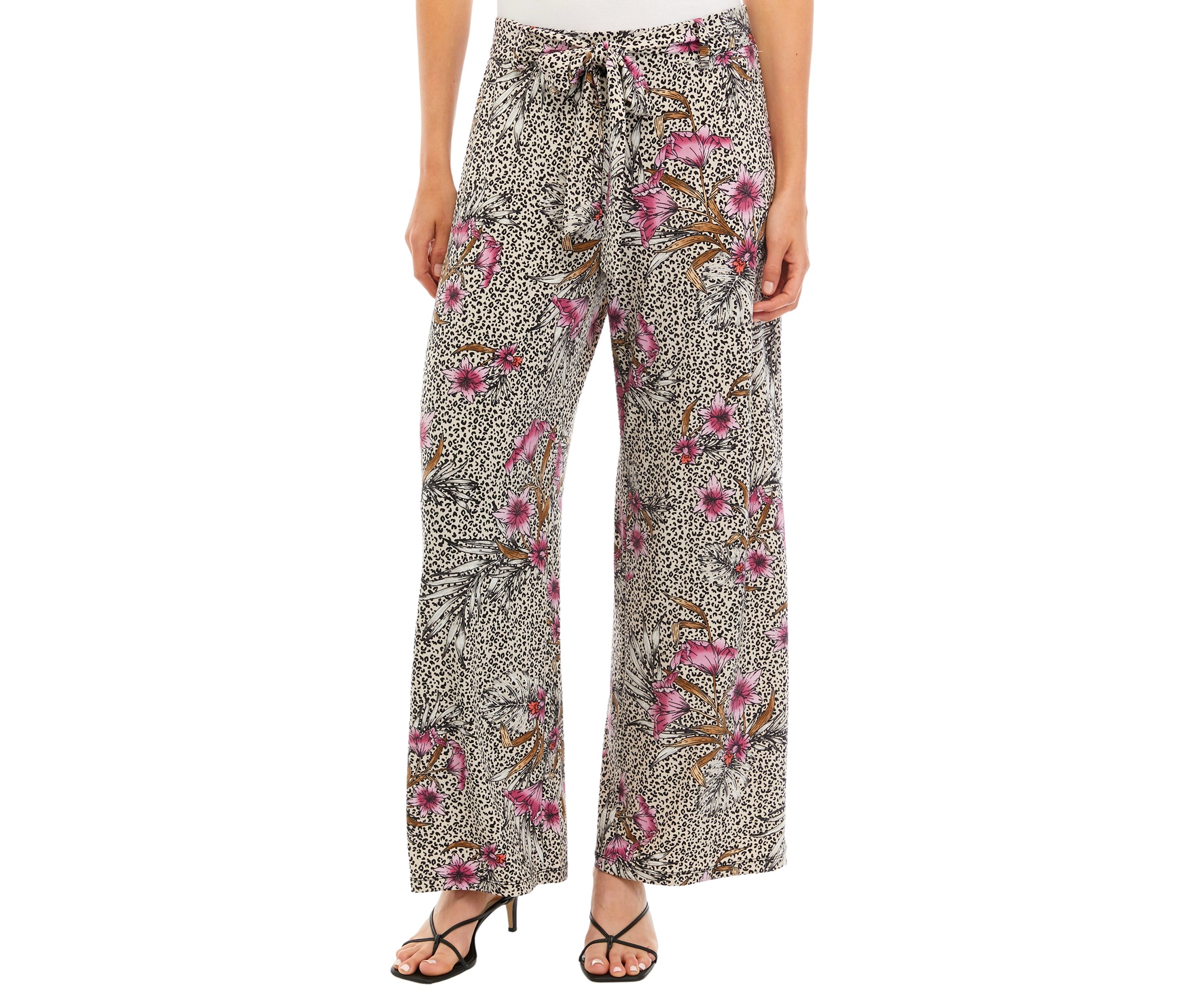 Womens Wide Leg Pull On Printed Pants with Self Belt