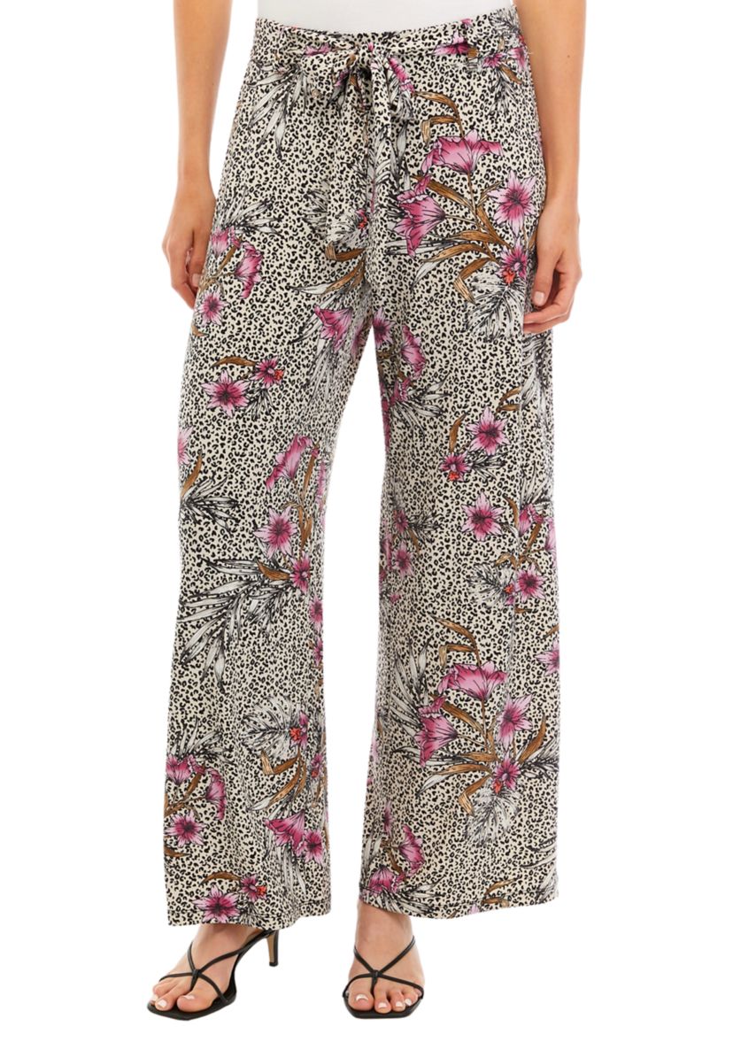 Womens Wide Leg Pull On Printed Pants with Self Belt