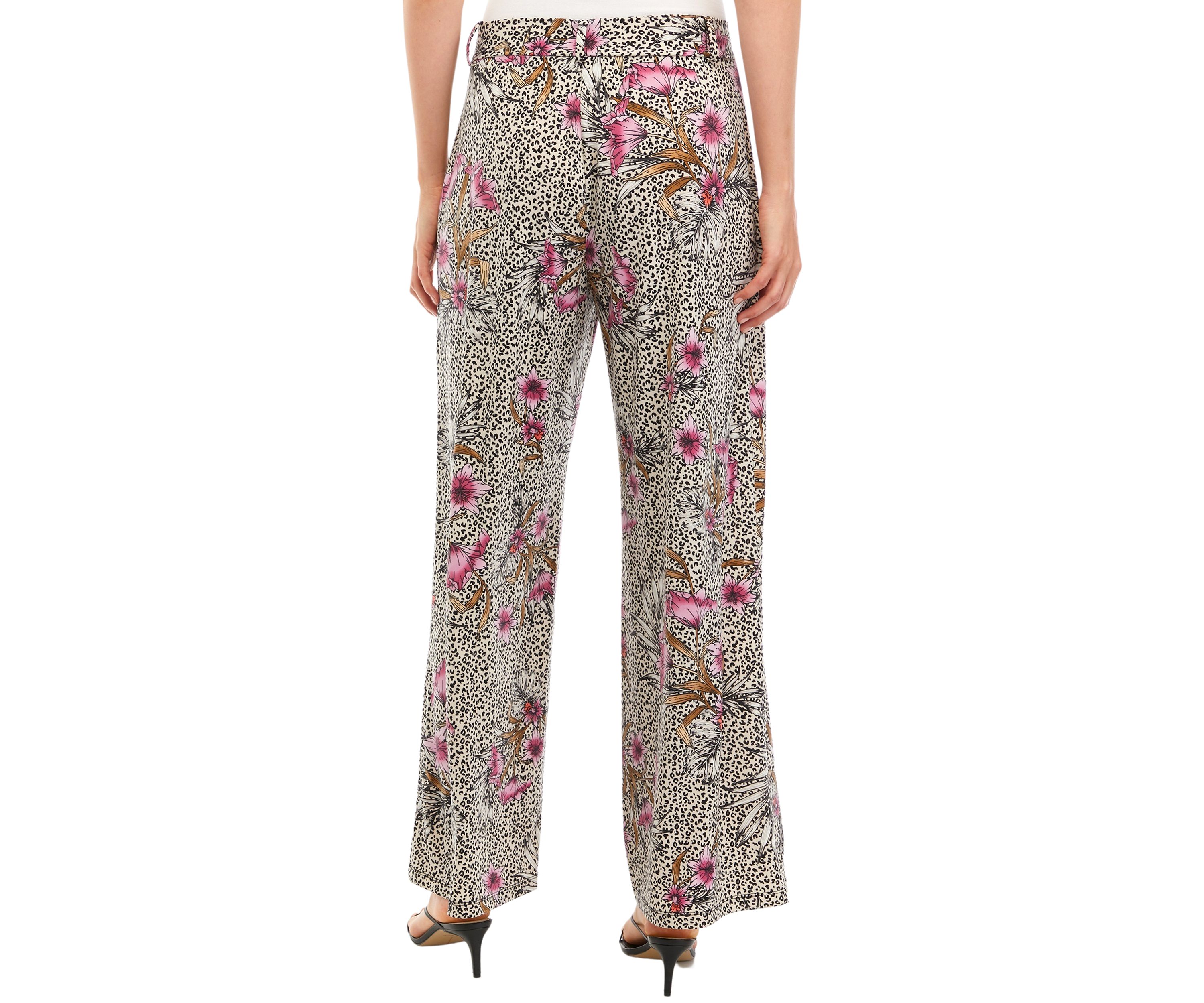 Womens Wide Leg Pull On Printed Pants with Self Belt