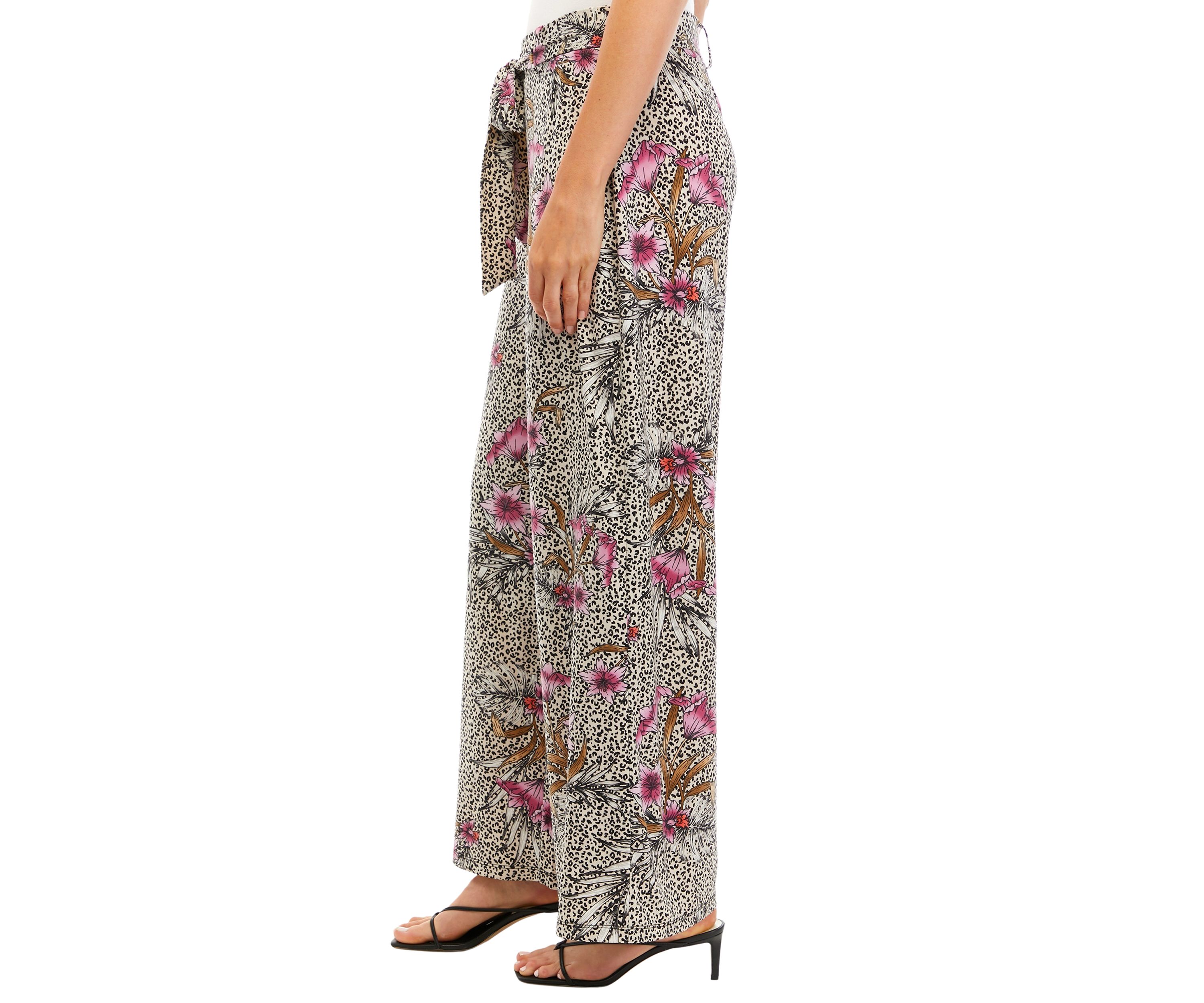 Womens Wide Leg Pull On Printed Pants with Self Belt