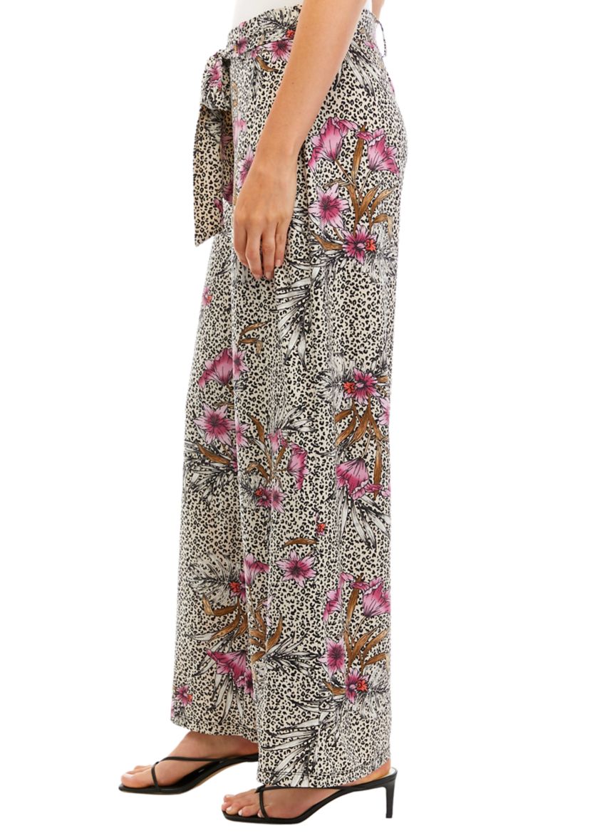 Womens Wide Leg Pull On Printed Pants with Self Belt